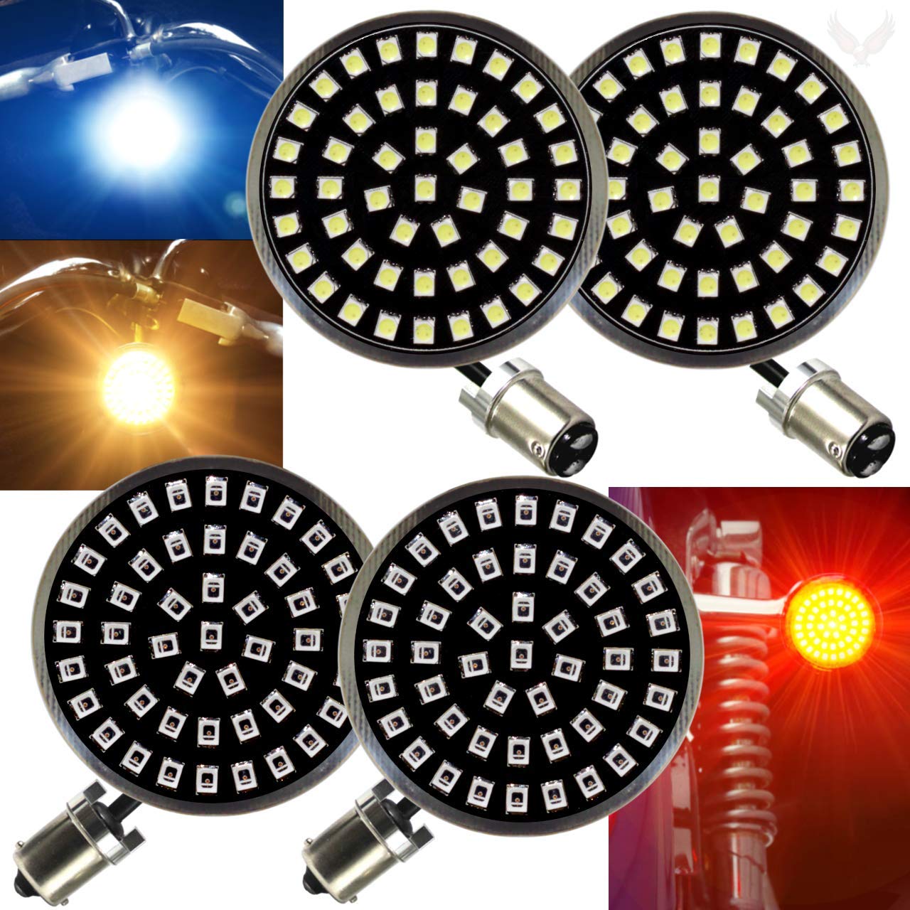 Eagle Lights Generation II Midnight Edition 2 Inch LED Turn Signal Kit with White Running Lights - Front (1157) & Rear Red (1156) for Harley Davidson Motorcycles - Enhanced Visibility & Safety for Night Riding & Urban Commuting
