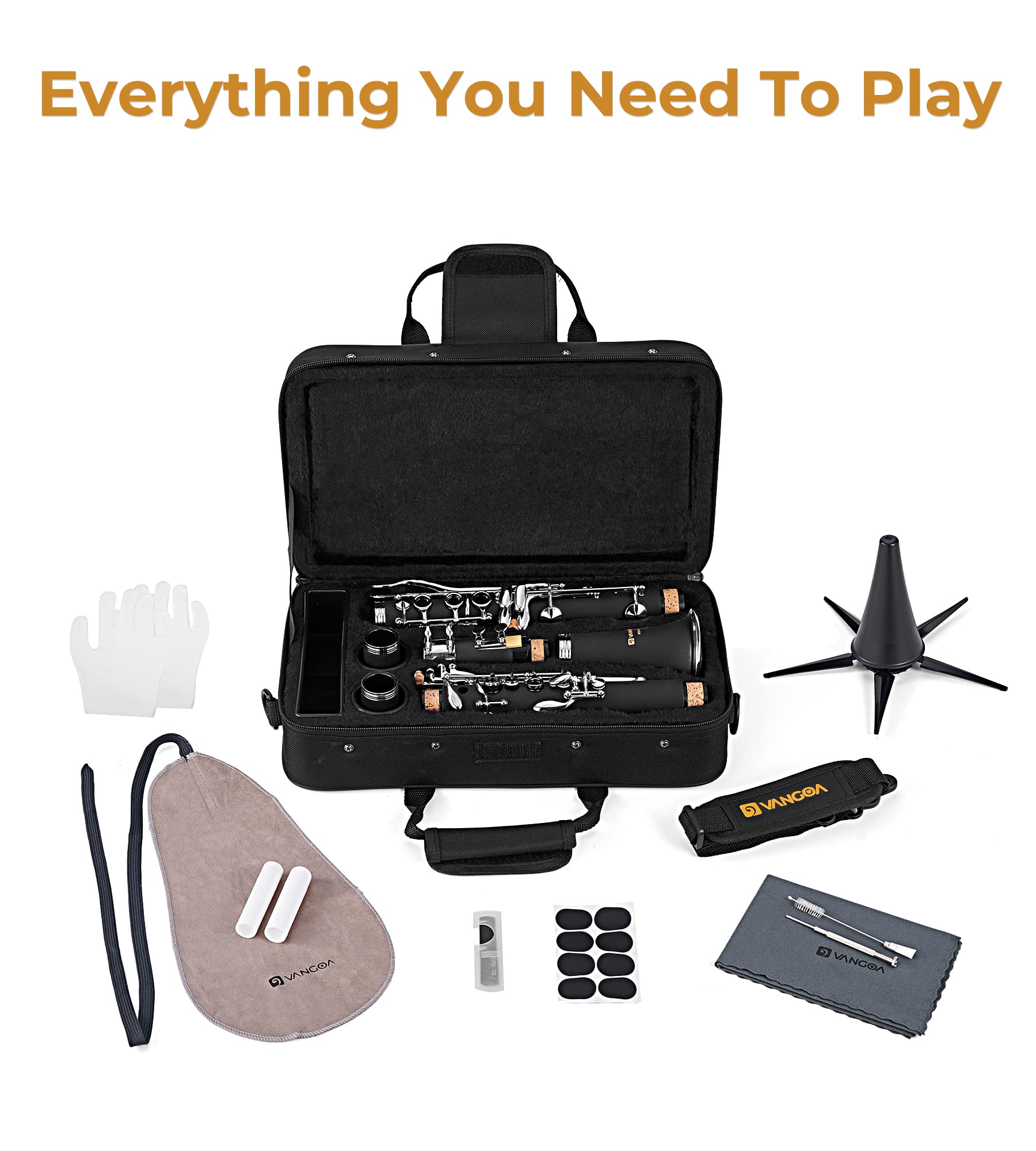 Vangoa Bb Clarinet - Professional B Flat Beginner Student Clarinet for School Band & Orchestra | Nickel-Plated with Hard Case, Stand, Cleaning Kit, Barrels, Gloves, Strap, Pads & Reeds | Perfect for Kids, Teens & Adult Music Learners | Ideal for School Performances, Practice & Music Lessons