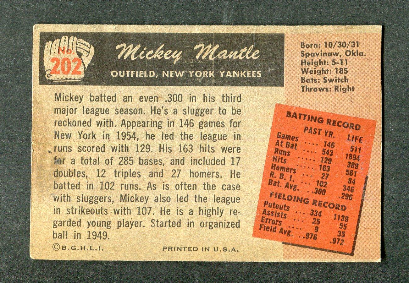 1955 Bowman #202 Mickey Mantle Yankees Baseball Card - Rare Vintage Collectible for Sports Memorabilia & Investment - Perfect for Display, Trading, and Gifting