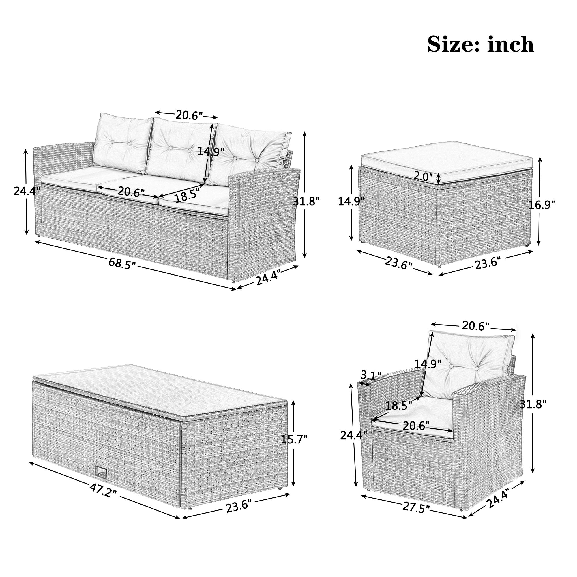Polibi 6-Piece All-Weather Grey PE Rattan Patio Furniture Set - Outdoor Wicker Sofa Set with Coffee Table, 3-Seater Couch, 2 Chairs, 2 Ottomans & Removable Light Gray Cushions - Perfect for Garden, Poolside, Backyard & Balcony Relaxation