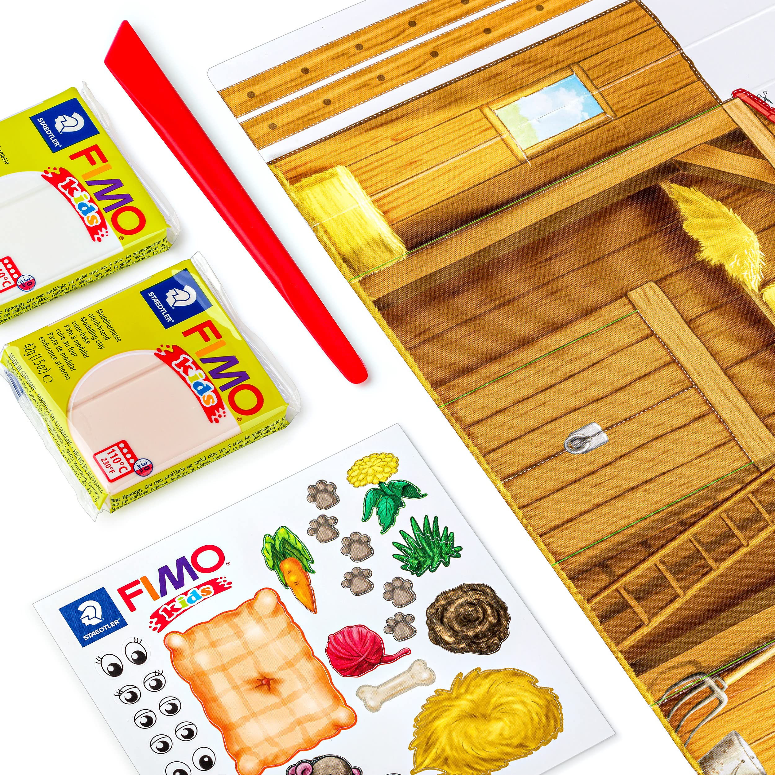 STAEDTLER 8034 01 LZ FIMO Kids Form & Play Polymer Clay Modeling Kit - Farm Theme (4 Clay Blocks, Tools, Stickers & Background) | Creative Art & Craft Activity for Children, DIY Farm Animal Sculpting, Educational Playtime Gift