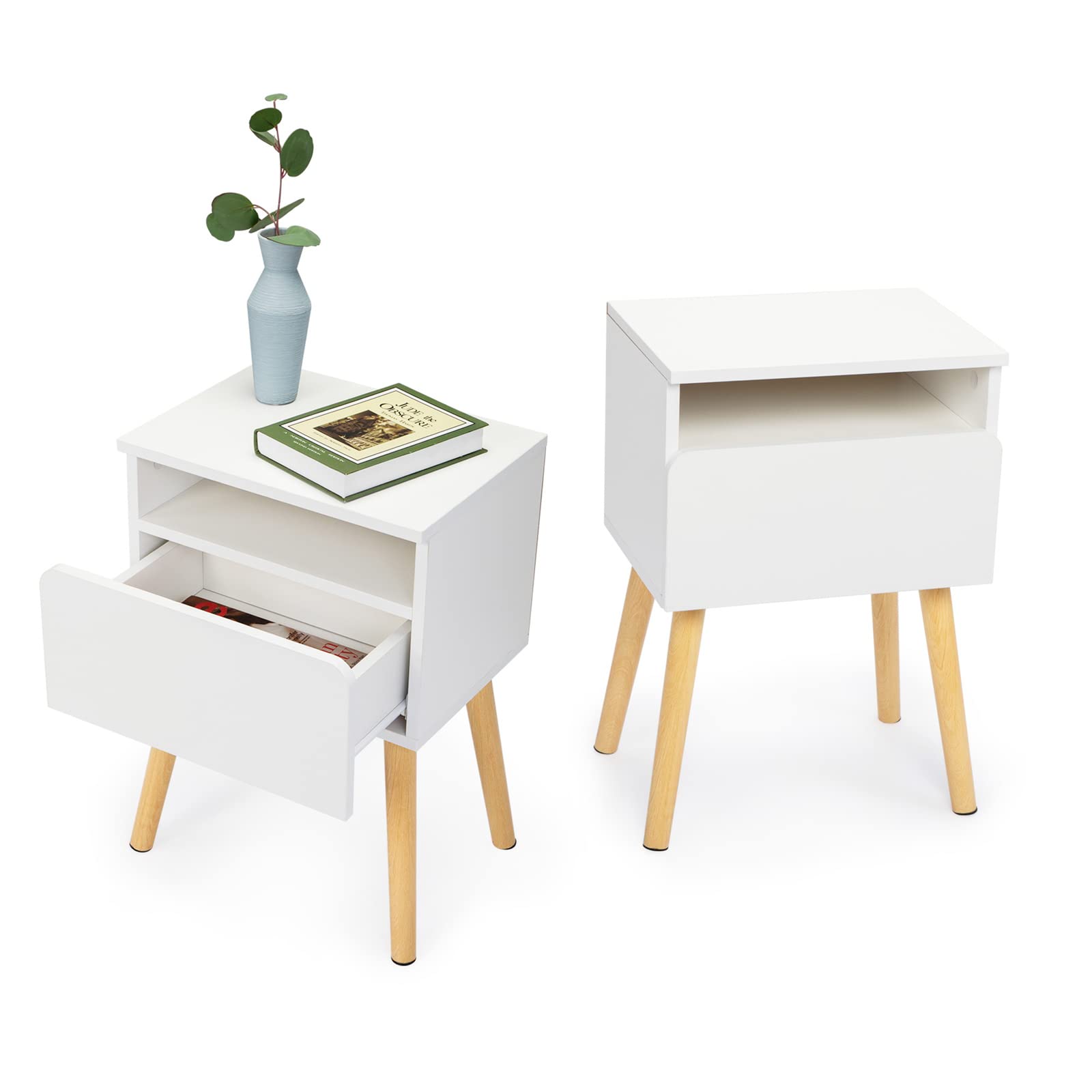 VERYKE Modern Wooden Nightstand Set of 2 - Bedroom End Tables with Drawer & Open Shelf, Solid Wood Legs Accent Side Table for Living Room, Bedroom, or Office (White) - Perfect for Storing Books, Lamps, and Bedroom Essentials