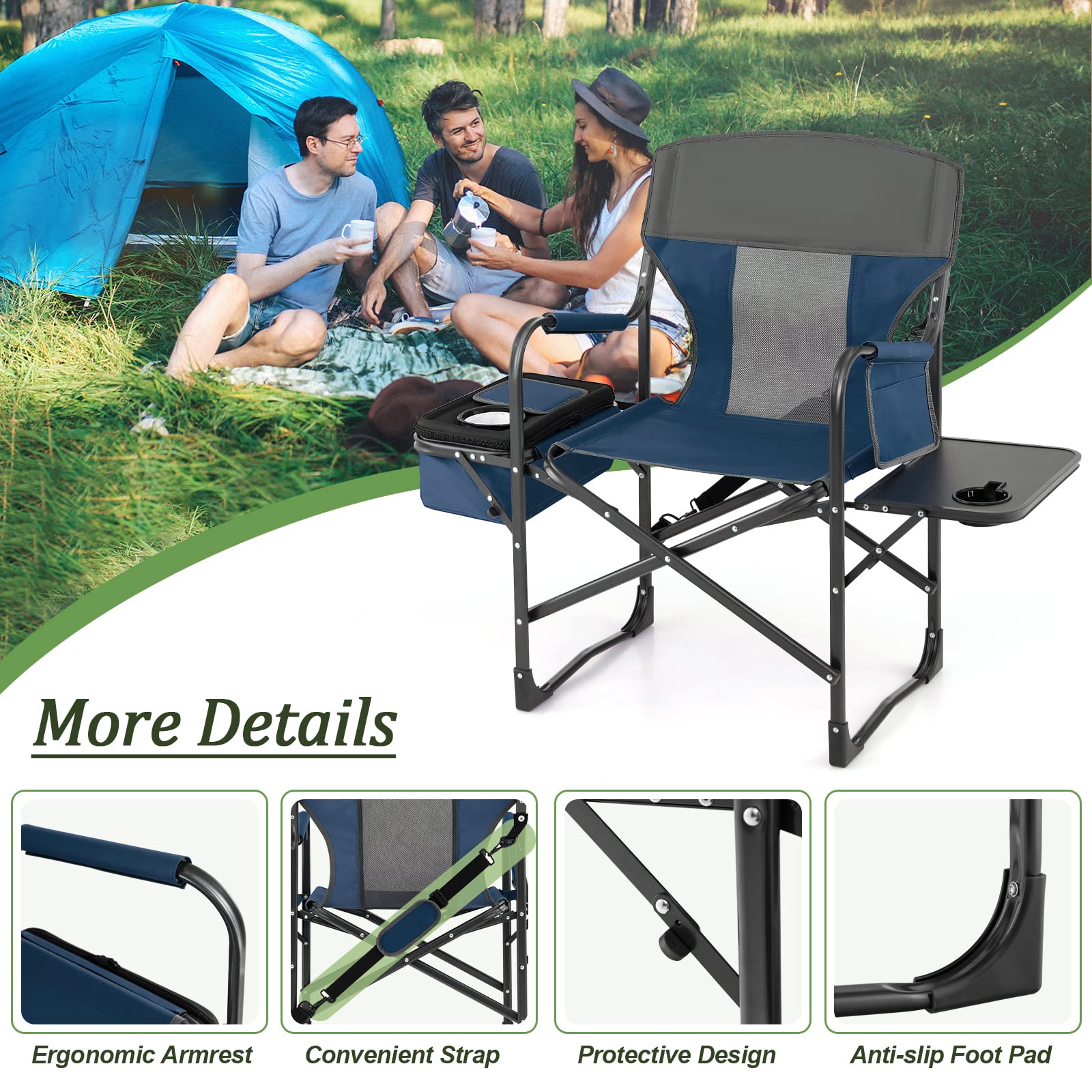 Giantex Heavy Duty Folding Camping Chair with Side Table & Cooler Bag - Portable Director Chair for Outdoor, Fishing, Picnic, Makeup & Artist Use - Supports 400 lbs - Blue