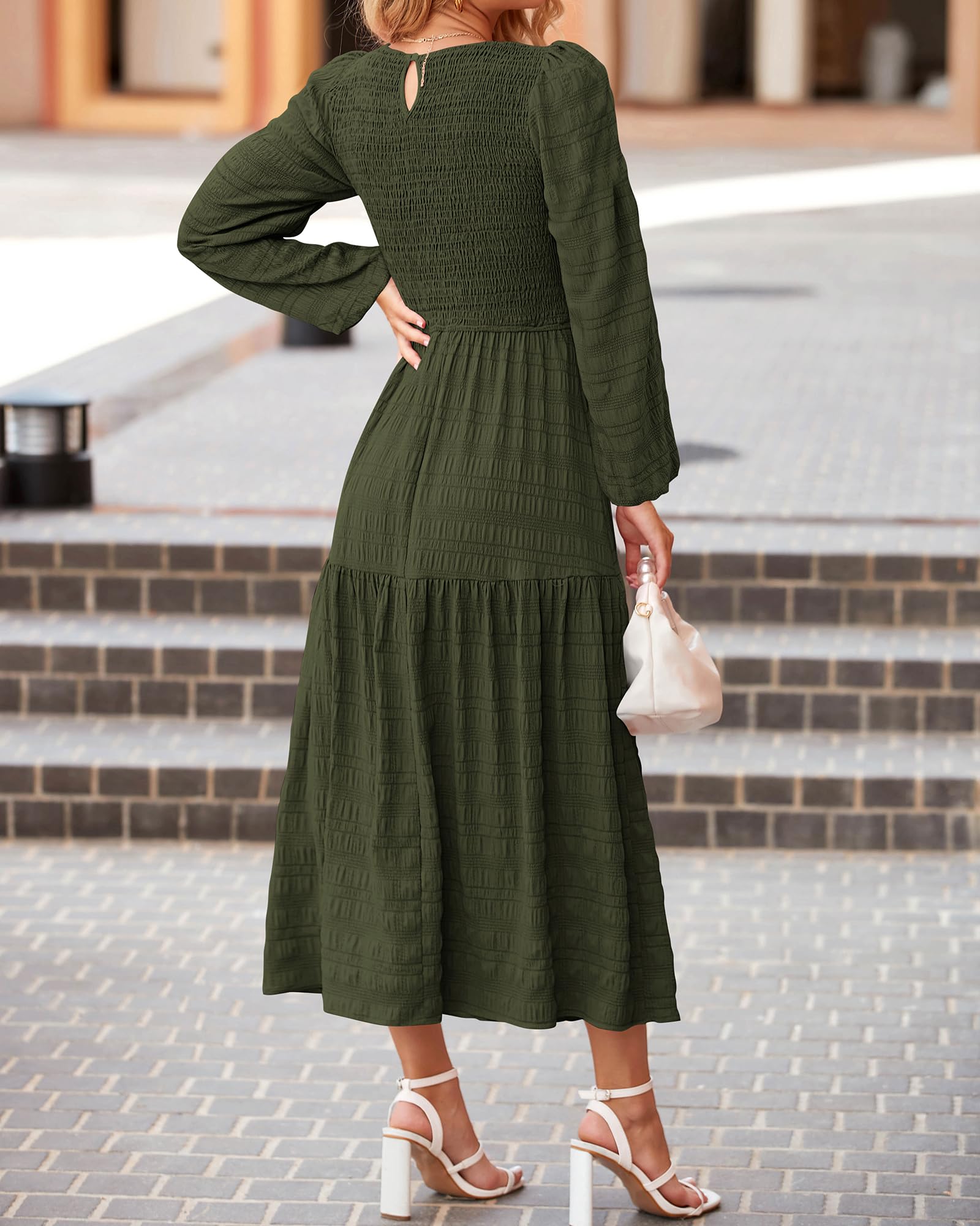Dowerme Women's Boho Maxi Dress - Long Sleeve Smocked Tiered A-Line Flowy Wedding Party Dress for Spring 2025 | Perfect for Beach Weddings, Garden Parties & Casual Outings