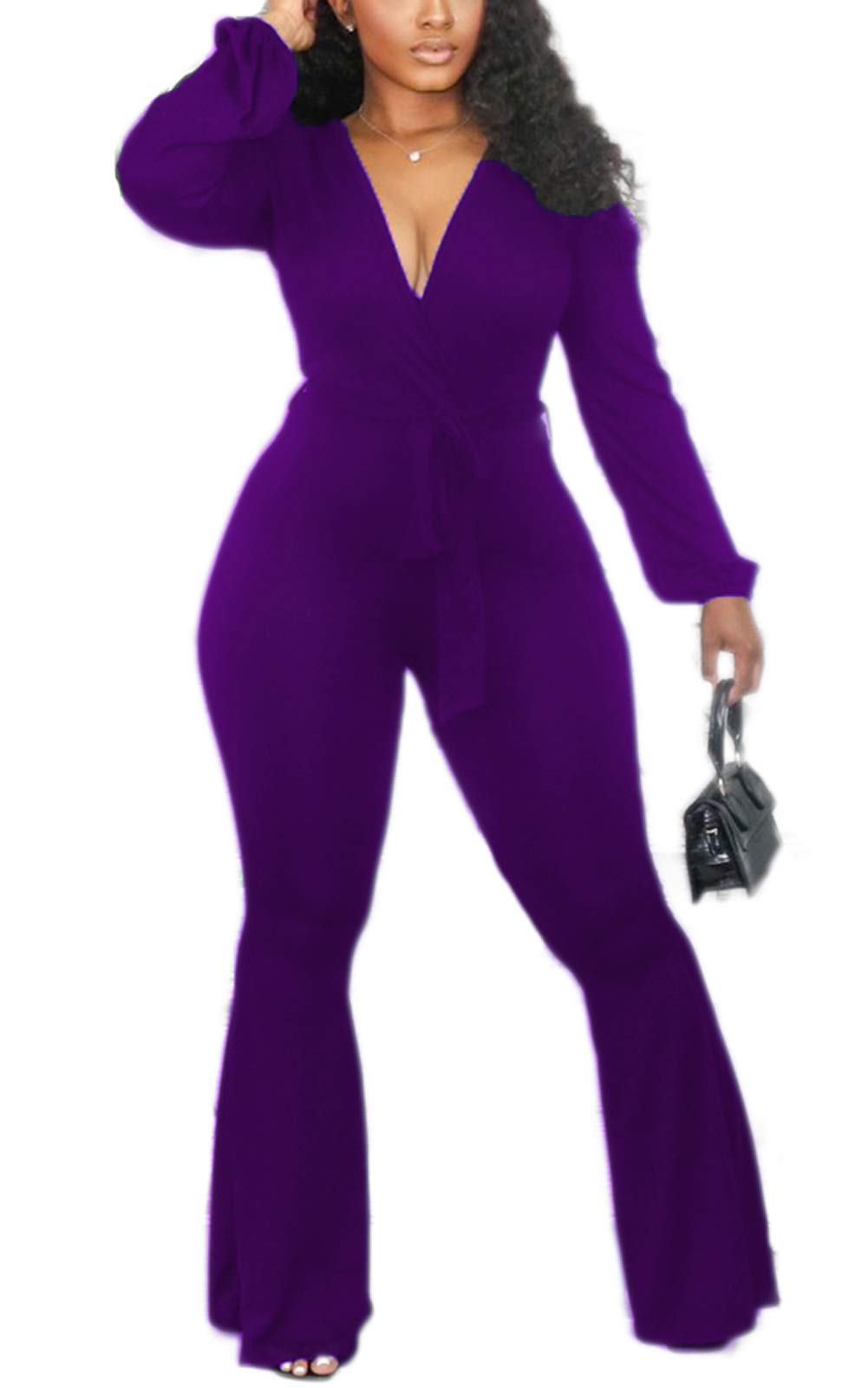 Elegant Women's Jumpsuits with Belt - High Waist Bell Bottom One Piece Outfit - Plus Size Romper for Casual Wear, Office & Special Occasions