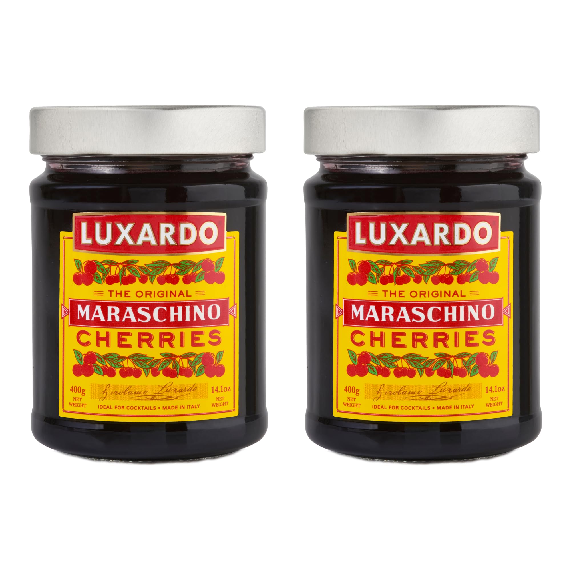 Luxardo Gourmet Maraschino Cherries for Cocktails - Premium Cocktail Cherries for Old Fashioned, Manhattan & Desserts - 400g Jar (Pack of 2) - Perfect for Home Bars, Cocktail Parties & Gourmet Baking
