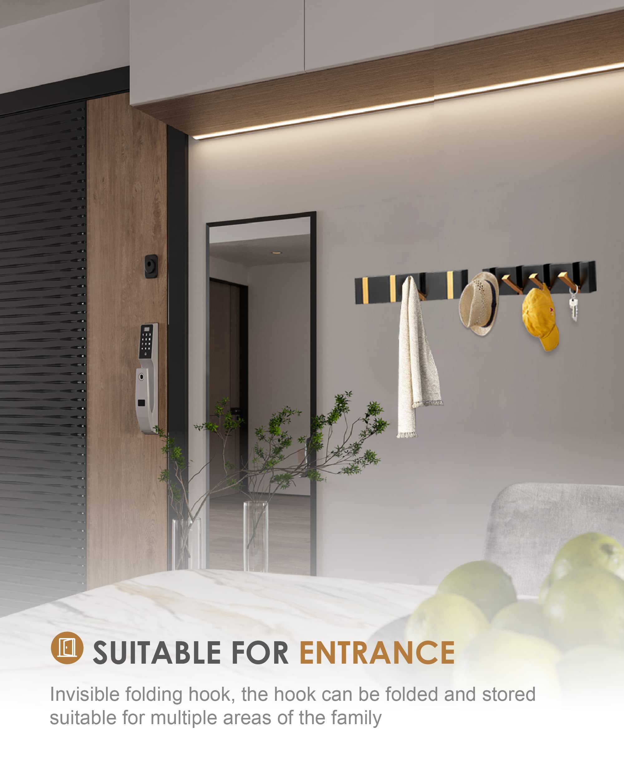 2 Pack Waterproof Black Gold Retractable Wall Hooks - Space Saving Bathroom Towel Hooks, Matte Finish Minimalist Design for Doors, Robes & Coats - Perfect for Kitchen, Balcony & Small Spaces