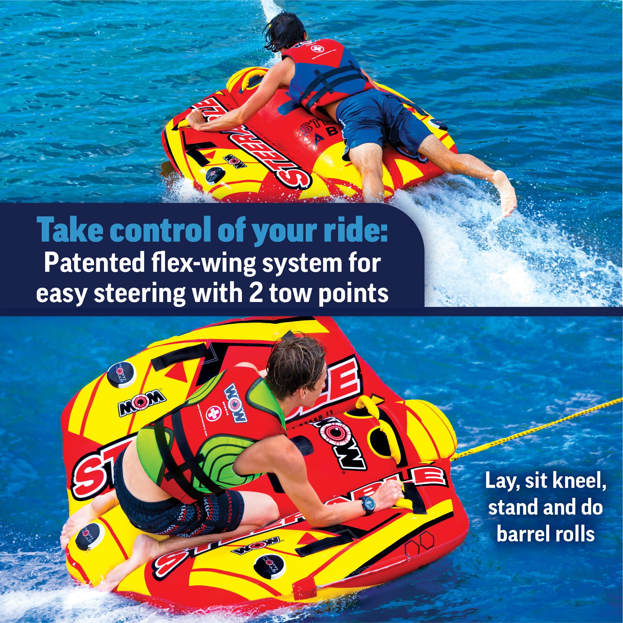 WOW Sports 1 or 2 Person Inflatable Steerable Tube for Boating - Take Control of the Ride (Model 19-1090) | Perfect for Family Fun, Water Sports & Lake Adventures