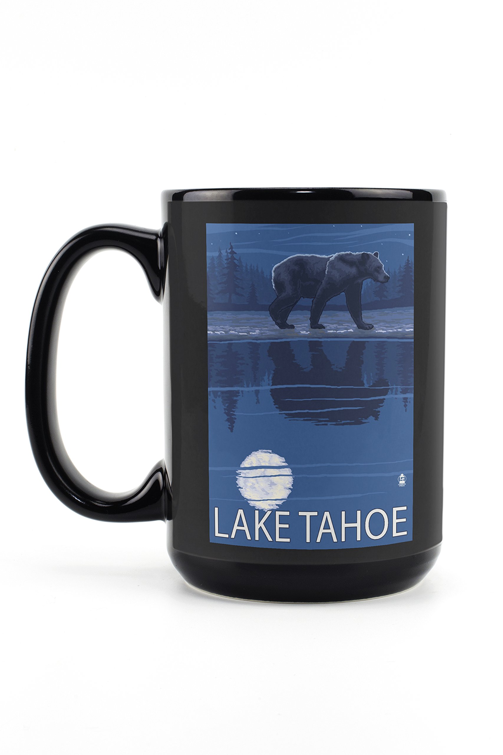Lantern Press Lake Tahoe California Bear at Night - 15oz Black Ceramic Coffee Mug & Tea Cup, Dishwasher Safe, Microwave Safe - Perfect for Camping, Office Use & Gift Giving