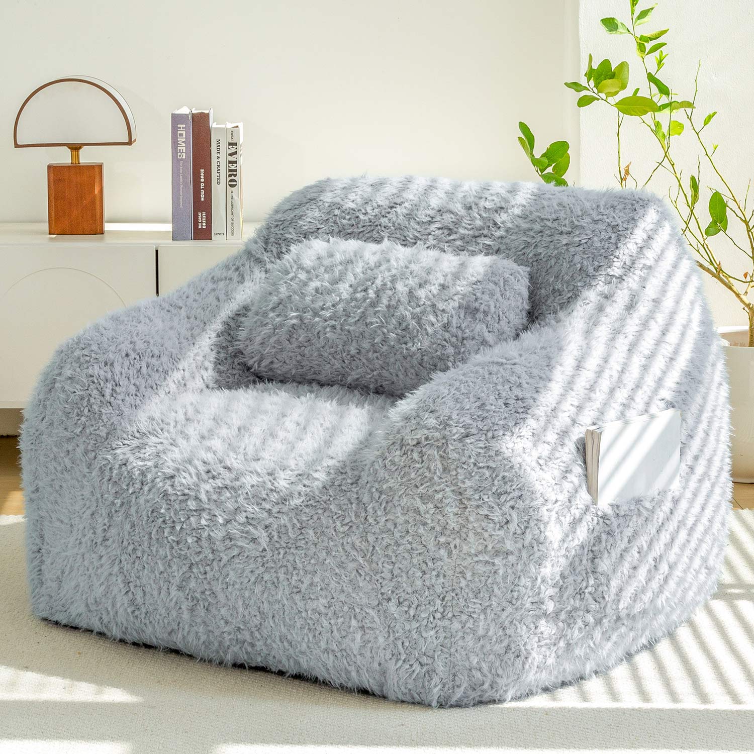 MAXYOYO Fluffy Comfy Large Bean Bag Chair with Pillow - Oversized Lounger for Reading, Gaming & Relaxation in Dusty Blue - Perfect for Bedrooms, Dorms & Game Rooms