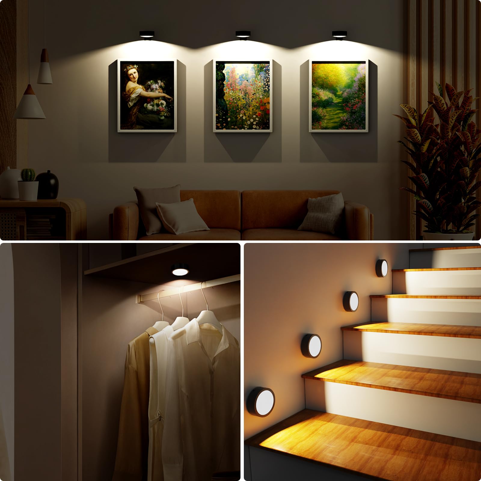 Rechargeable Magnetic LED Picture Lights for Wall Art - 3 Lighting Modes, Dimmable with Remote & Timer - Battery Operated Painting Frame Lights (Black, 3-Pack) - Perfect for Galleries, Museums & Home Decor