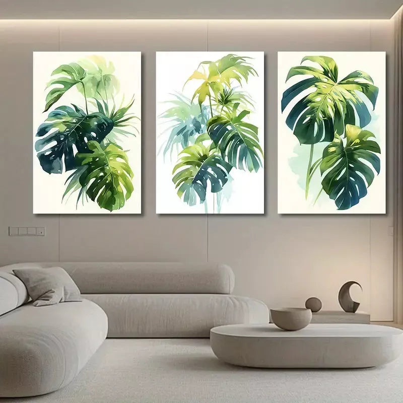 3-Piece Tropical Leaves Wall Art Set - White Background Canvas Framed 50x70cm - High Quality Print 100% Australian Made - Ready to Hang - Perfect for Living Room, Bedroom & Office Decor
