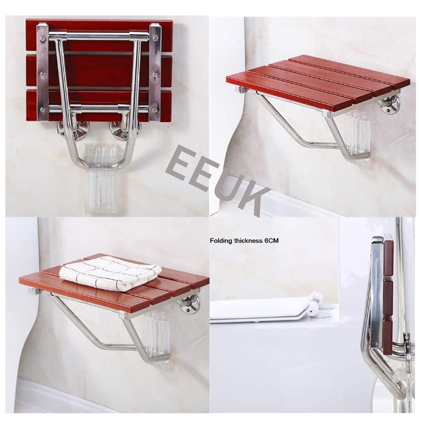 Foldable Wall Mounted Shower Seat Bench - 300lb Capacity Waterproof Wooden Bath Stool for Elderly & Disabled - Space Saving Medical Shower Chair for Small Bathrooms & Accessible Showers