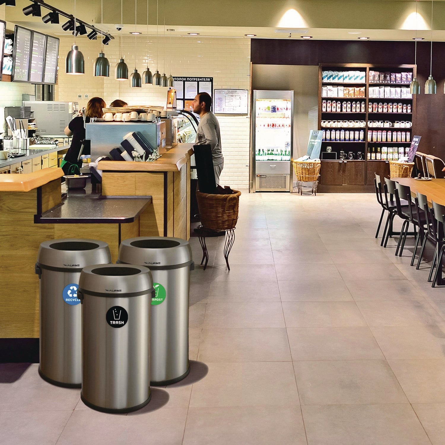 Alpine Industries 17 Gallon Stainless Steel Trash Can - Open Top Recycling Bin & Compost Container for Kitchen, Office, Garage - Eco-Friendly Waste Station