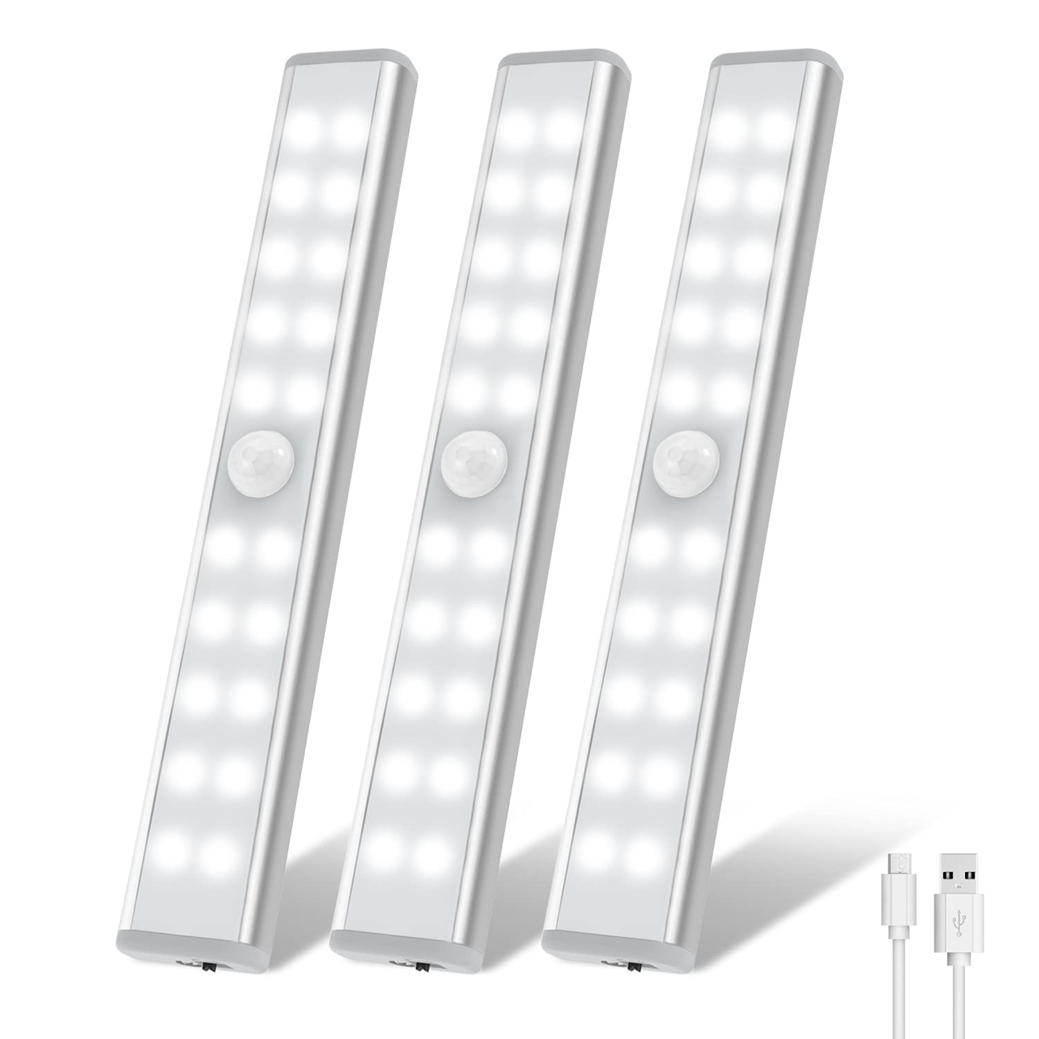 OxyLED 20 LED Rechargeable Motion Sensor Closet Lights - Wireless Under Cabinet Lighting, Stick-on Stair Step Light Bars, LED Night Lights for Wardrobe & Kitchen (3 Pack) - Perfect for Bedrooms, Hallways & Dark Spaces