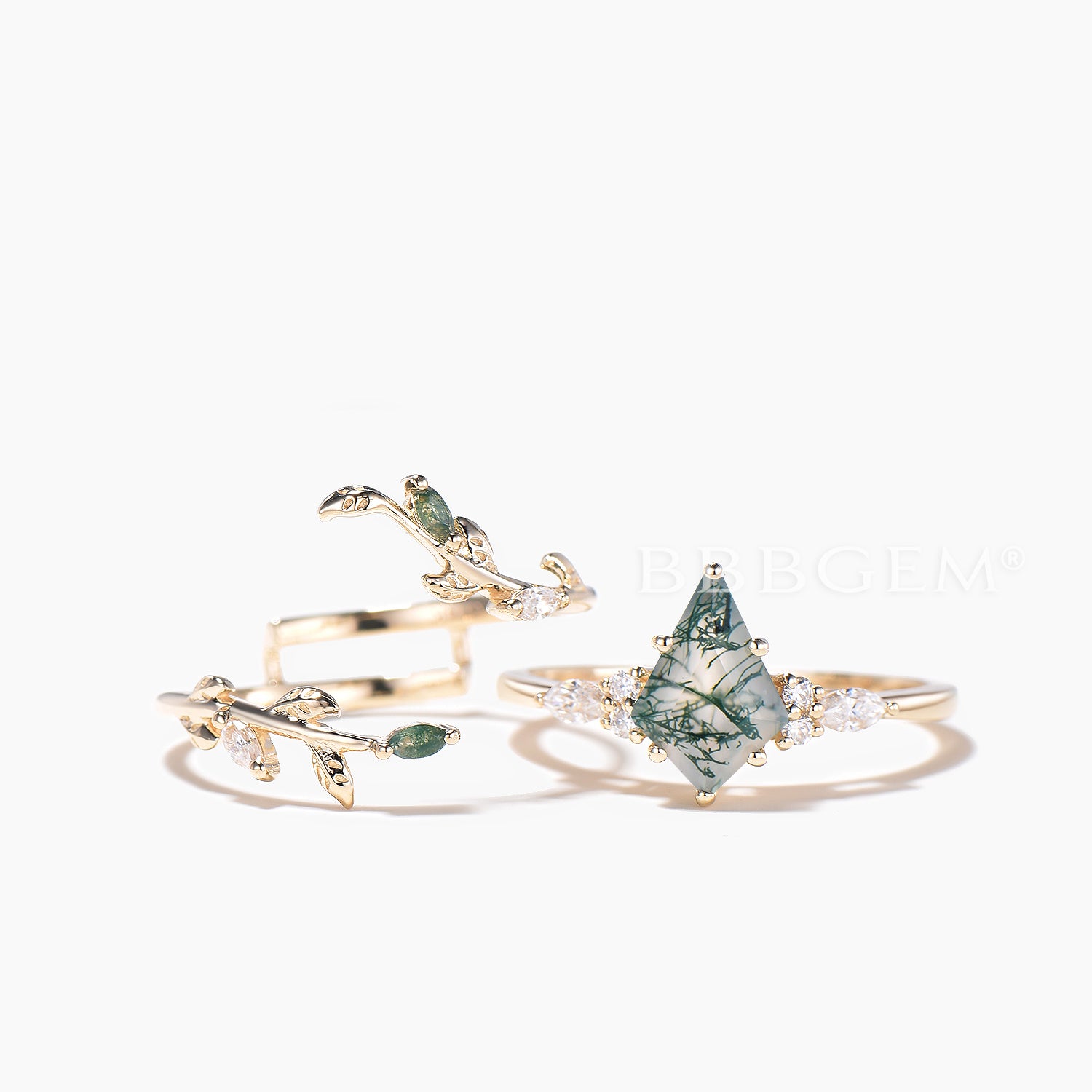 Twig Nature Inspired Moss Agate Leaf Ring Set - Kite Cut Gemstone Wedding Band for Brides, Nature Lovers & Boho Style (Perfect for Outdoor Weddings, Nature-Themed Events & Everyday Boho Fashion)