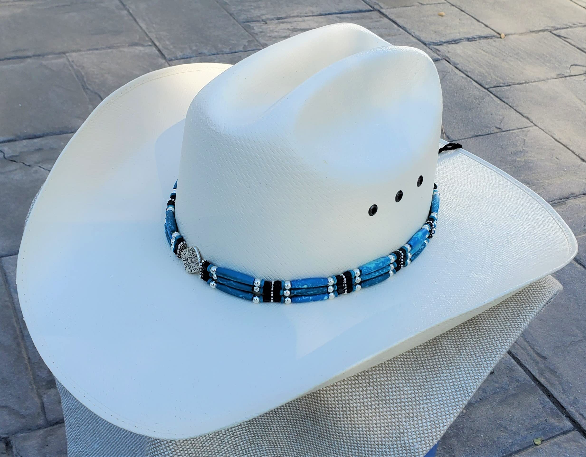 Handmade Western Cowboy Hat Band with Turquoise Hairpipe Beads & Metal Diamond Centerpiece - Vintage Style Accessory for Rodeo, Country Music Festivals & Western Fashion
