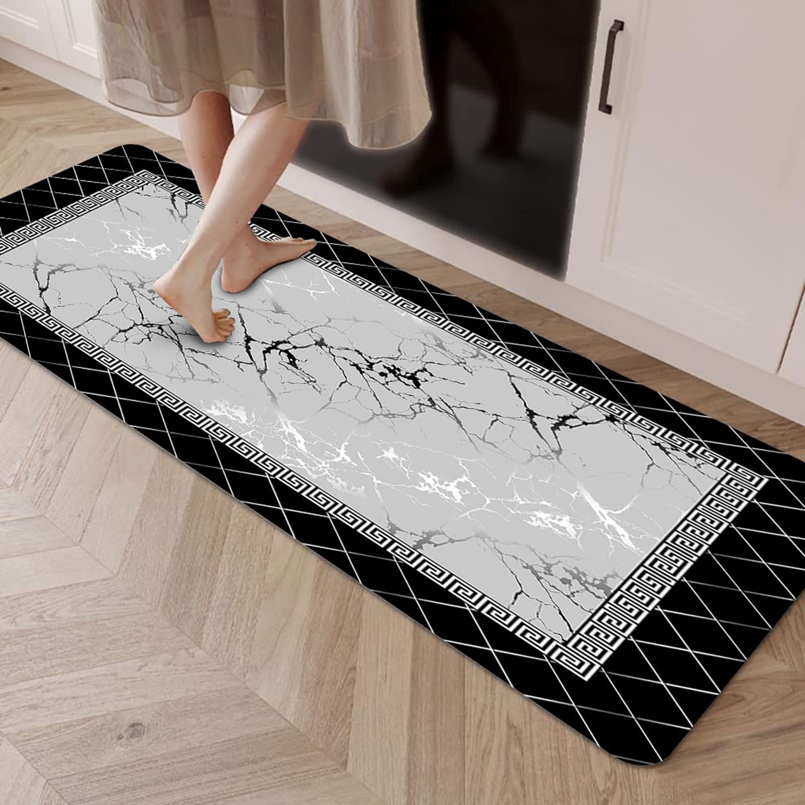 EMMTEEY Anti-Fatigue Kitchen Mat - Black Memory Foam Non-Slip Floor Mat with Greek Frame Geometric Design, 17.3