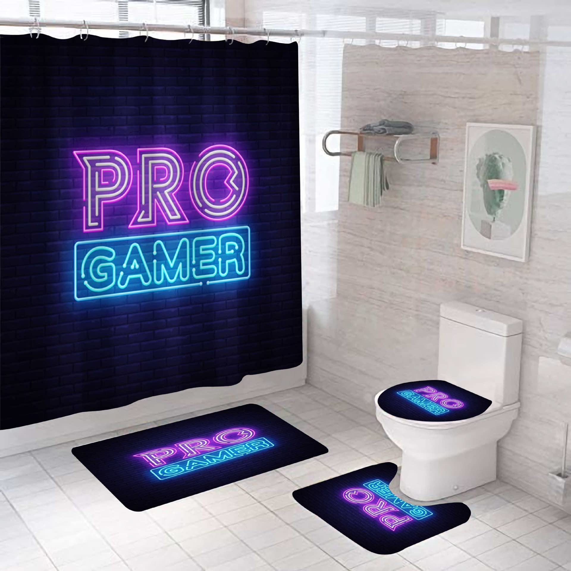 3D Digital Printing Gamepad Controller Shower Curtain - Waterproof Bathroom Decor with Non-Slip Bath Mat Set for Gamer Bathroom & Modern Home Decor - Perfect for Gaming Themed Bathrooms and Teen Bedrooms