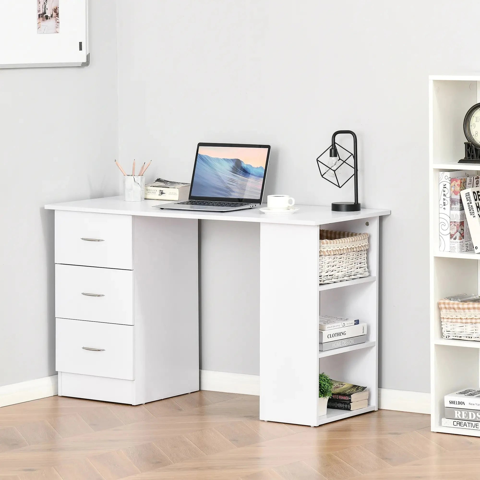 Modern Computer Office Desk with 3 Shelves & 3 Storage Drawers - Space Saving Workstation for Home Office, Study Room or Small Business (Available in 3 Colors)