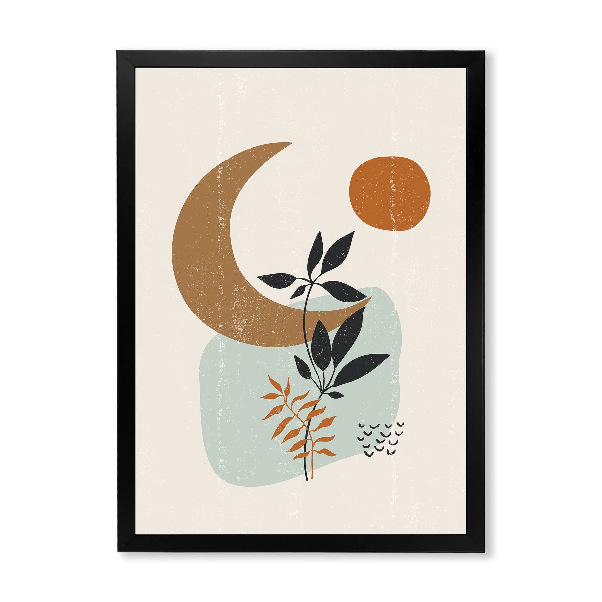 Abstract Sun & Moon with Minimal Plants Modern Framed Wall Art - Contemporary Home Decor for Living Room, Bedroom & Office