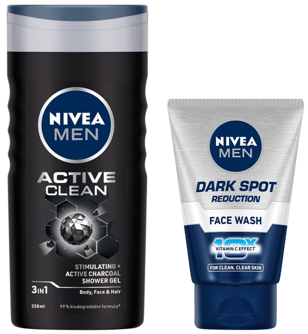 Nivea Men Active Clean Shower Gel & Dark Spot Reduction Face Wash Set - 250ml Body Wash & 100g Face Cleanser for Men | Refreshing Daily Skincare Routine for Gym & Work
