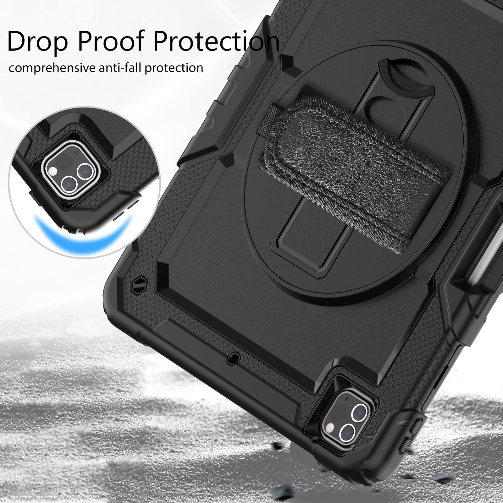Premium Shockproof Rugged Case for iPad Pro 12.9 Inch (2022 6th Gen/2021 5th Gen/2020 4th Gen/2018 3rd Gen) - Heavy Duty Protective Cover with Built-in Screen Protector, Apple Pencil Holder, Adjustable Kickstand & Detachable Hand/Shoulder Strap - Perfect for Work, Travel and Outdoor Activities (Black)