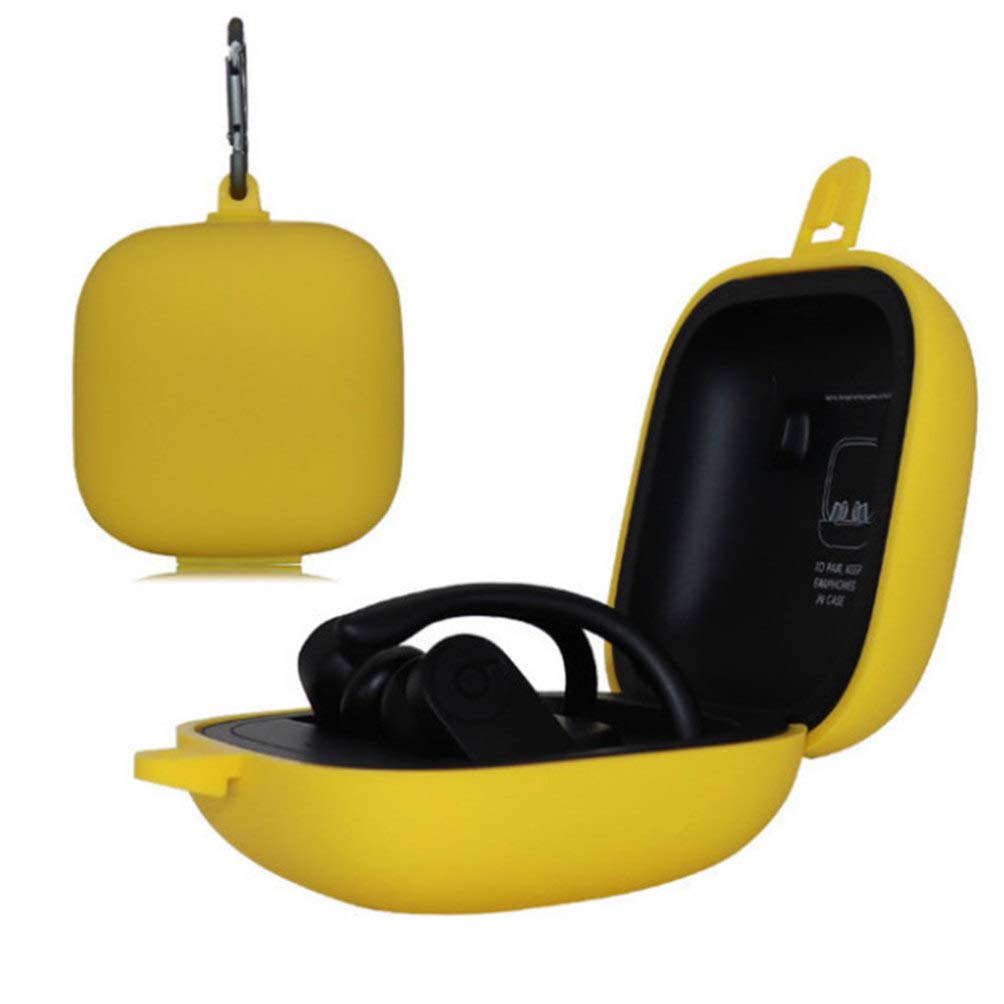Shockproof Silicone Protective Case Cover for Powerbeats Pro - Durable Full-Body Protection with Carabiner Clip (Yellow) - Perfect for Gym, Running, Travel & Outdoor Activities