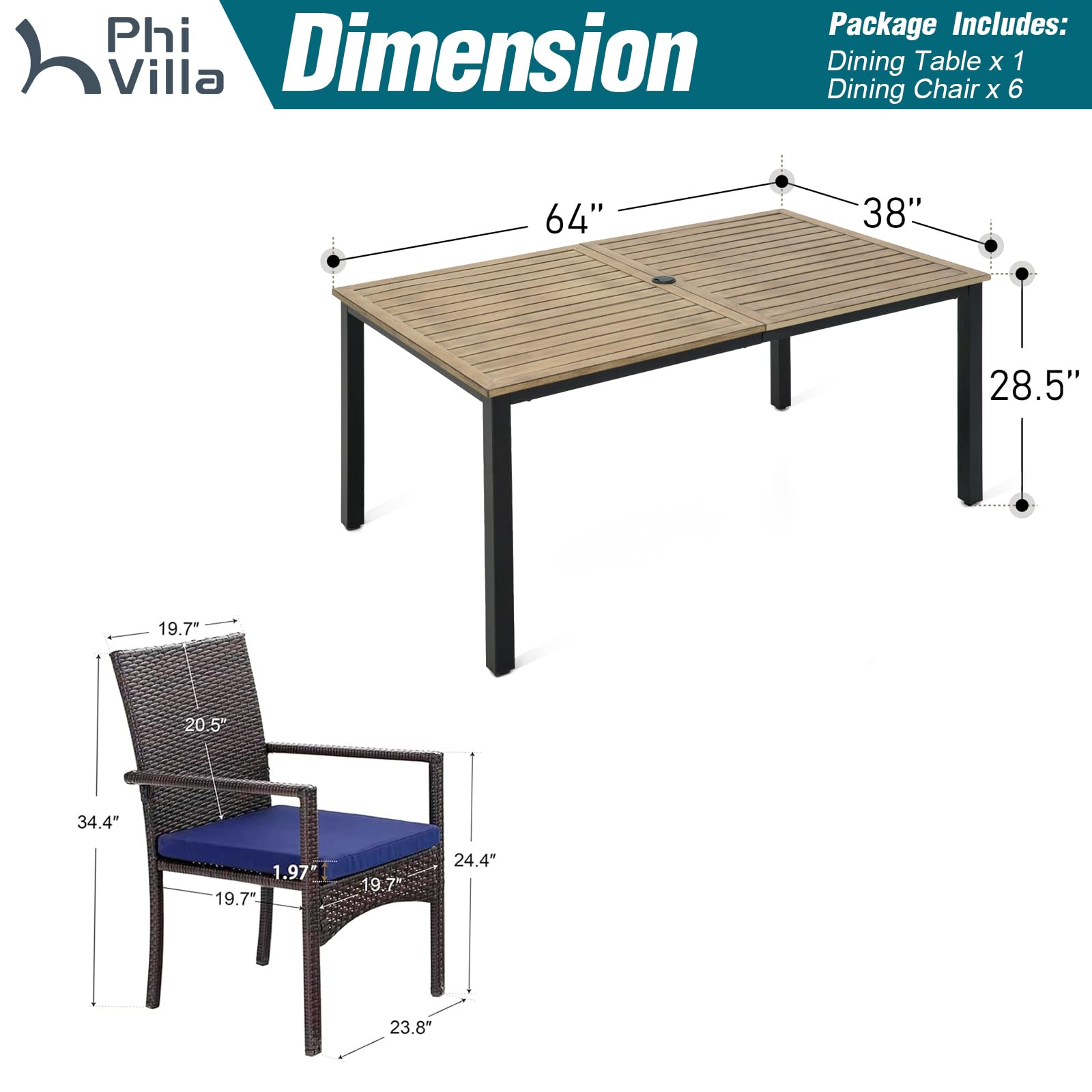 PHI VILLA 7-Piece Outdoor Dining Set for 6 - 65