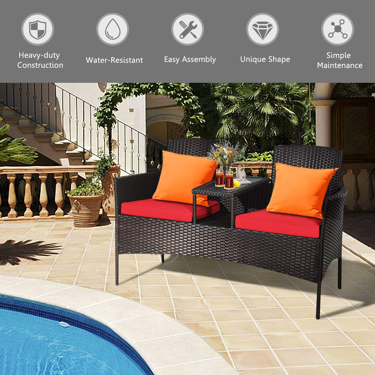 Outdoor Rattan Wicker Loveseat Patio Set with Removable Cushions & Coffee Table - Garden Lawn Backyard Conversation Furniture for Relaxing & Entertaining