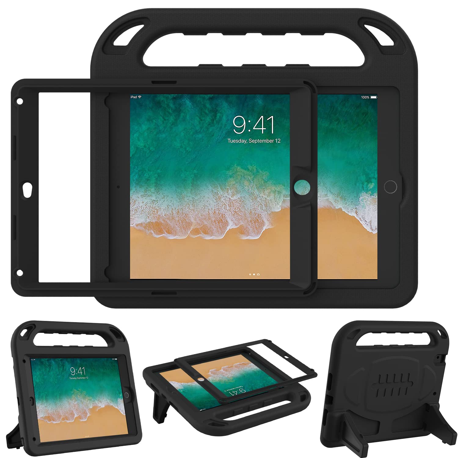 AVAWO Shockproof Kids iPad Case with Built-in Screen Protector & Handle Stand - Compatible with iPad 6th/5th Gen (2018/2017), iPad Air 2 (9.7 Inch) - Perfect for School, Travel & Home Learning (Black)