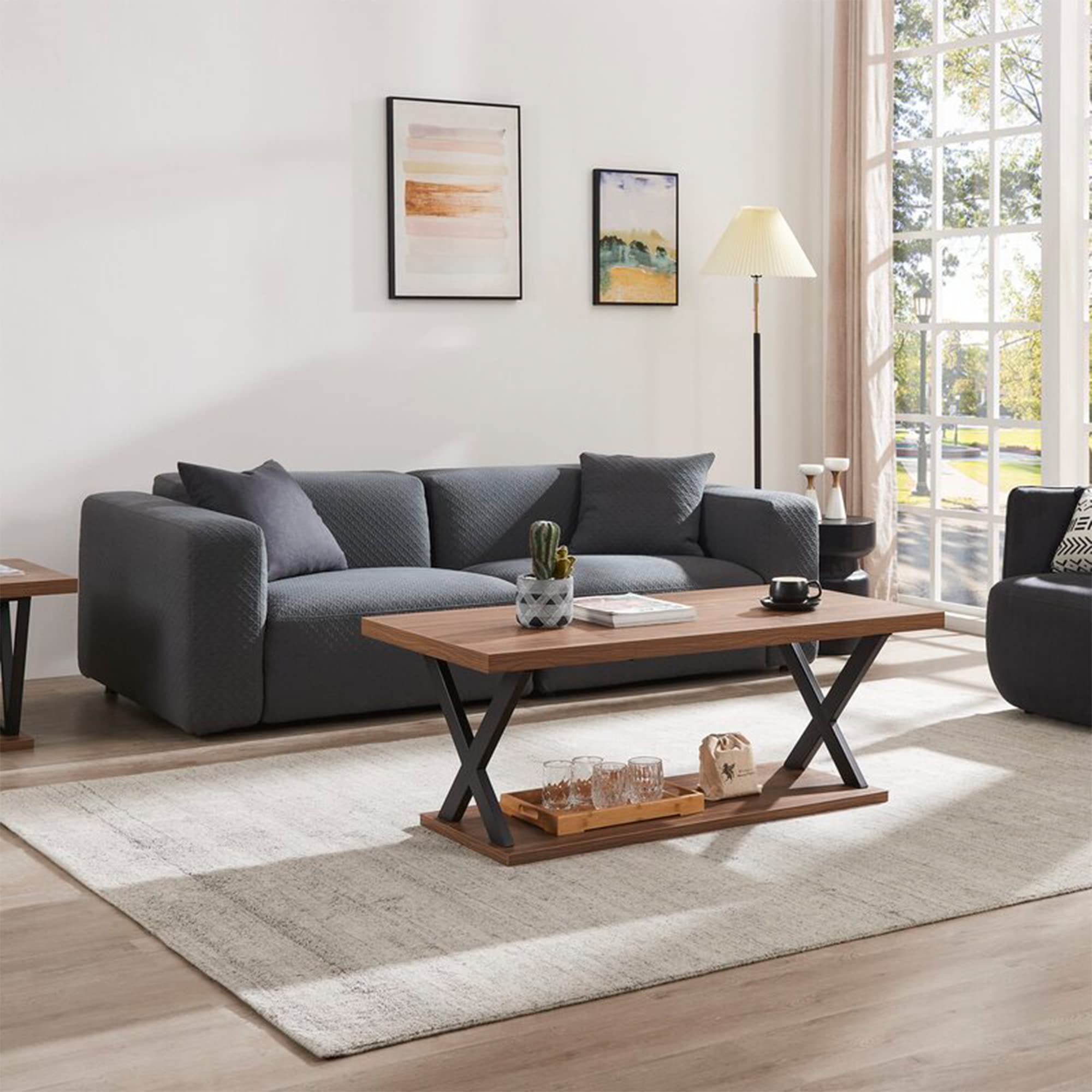 Vanity Art Modern 2-Tier Industrial Coffee Table with Storage Shelf - X-Frame Rectangle Design for Living Room, Home Office - Brown (MLT4088CT-BR-BK) | Perfect for Small Spaces, Apartment Decor & Entertaining Guests