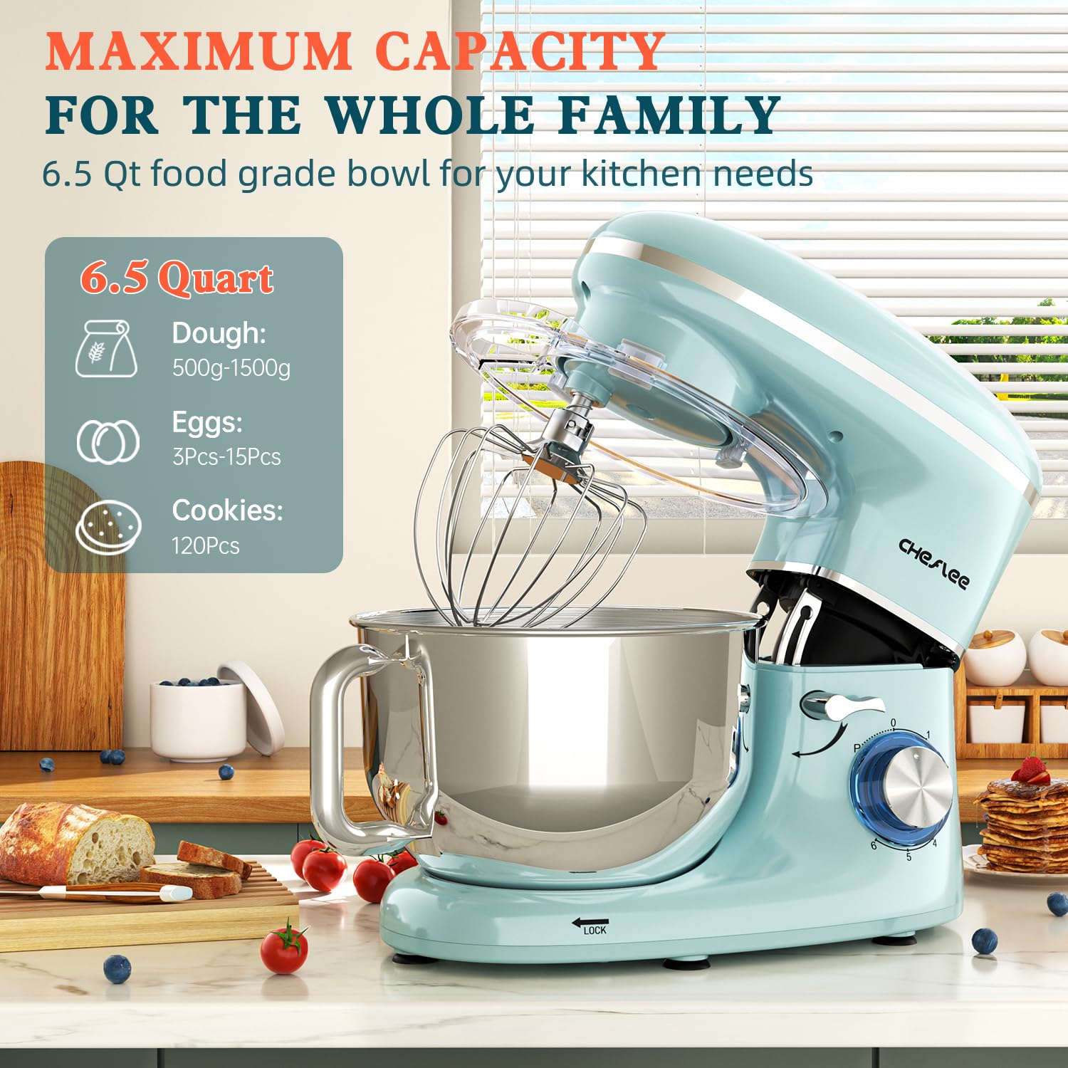 CHeflee 600W Stand Mixer with 6.5QT Stainless Steel Bowl - 6 Attachments (Dough Hook, Wire Whip, Beater) - Powerful Kitchen Mixer for Baking, Whipping & Kneading - Perfect for Home Bakers & Cooking Enthusiasts (Blue)