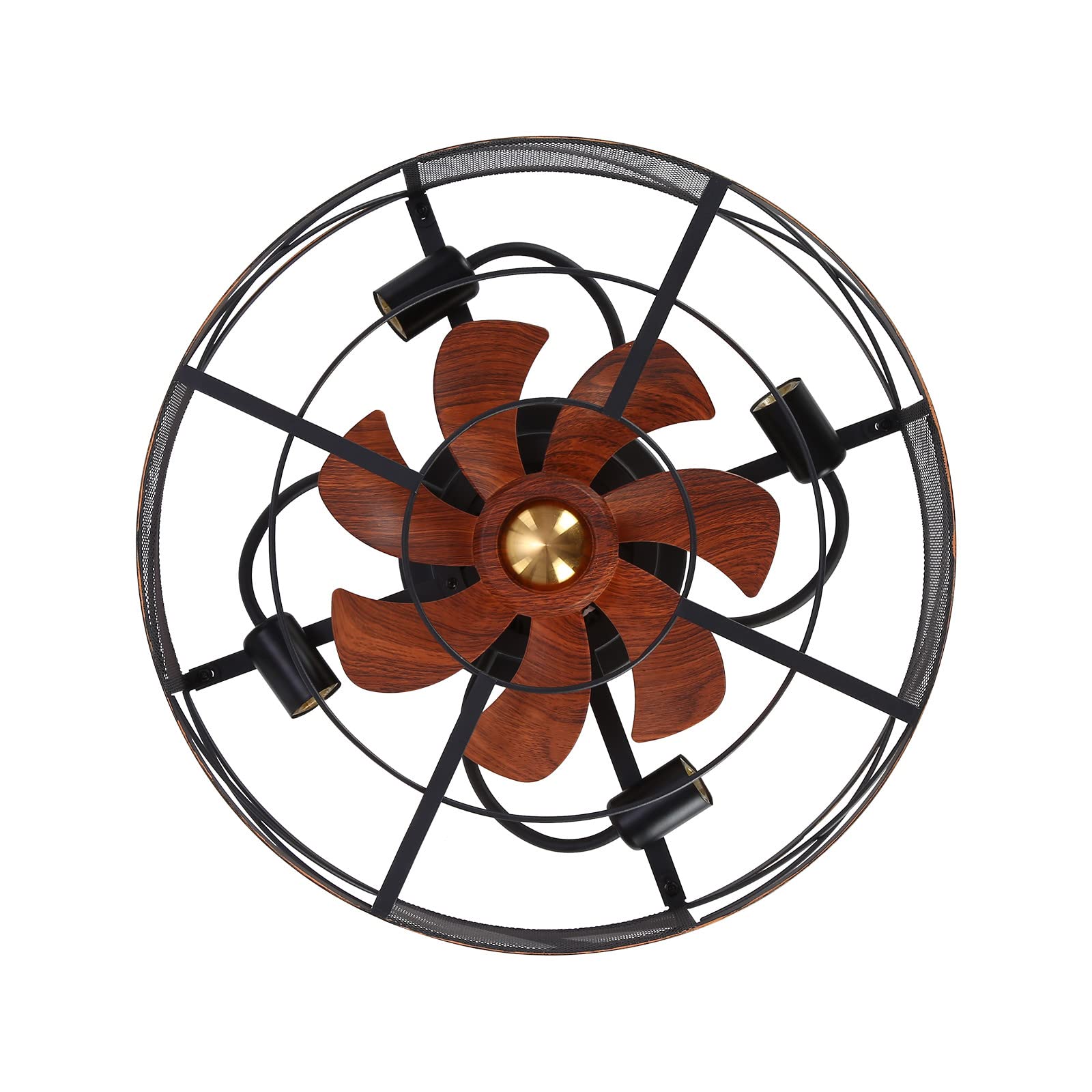 Industrial Retro Caged Ceiling Fan with Lights & Remote Control - Low Profile Flush Mount Enclosed Indoor Ceiling Fan (Brown) - Perfect for Farmhouse, Loft, Garage & Industrial Decor