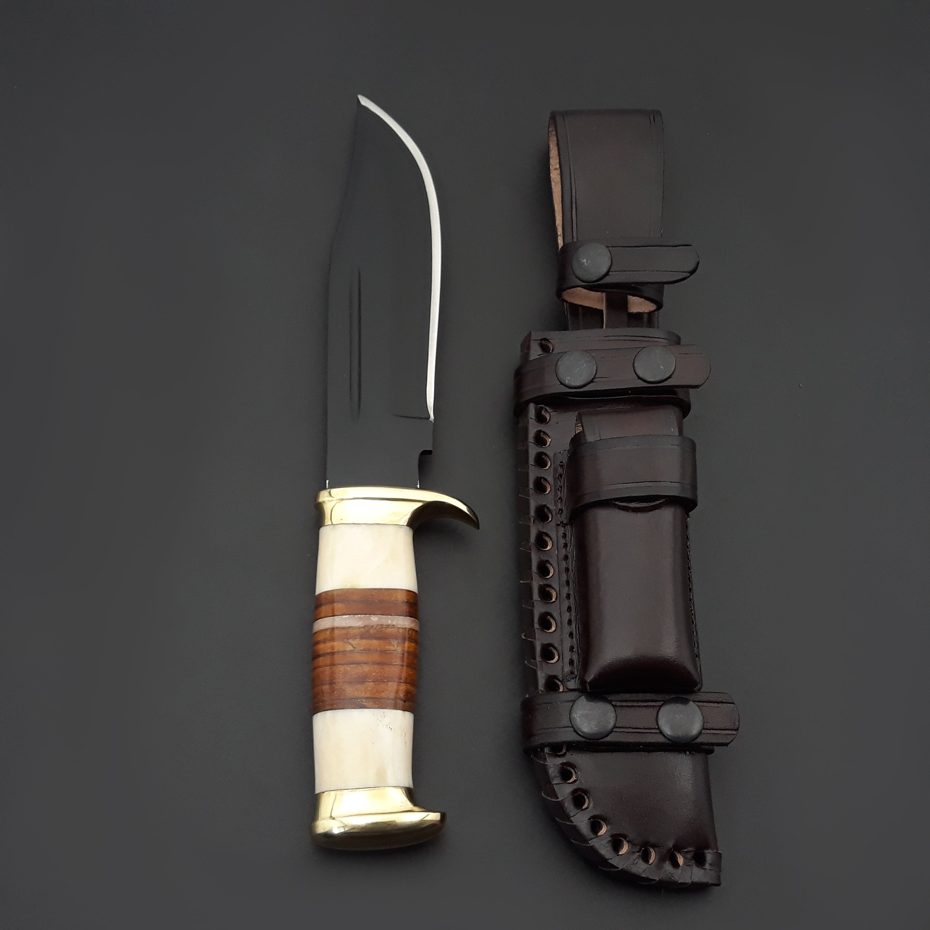 Premium Vindicator Custom Bowie Knife - Genuine Bone & Stacked Leather Handle - Hunting, Camping, Survival & Outdoor Activities