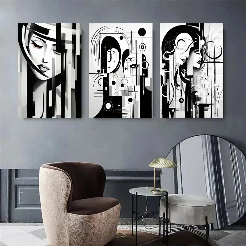 3-Piece Abstract Black & White Woman Portrait Metal Wall Art - Ready to Hang Modern Home Decor for Living Room, Bedroom or Office