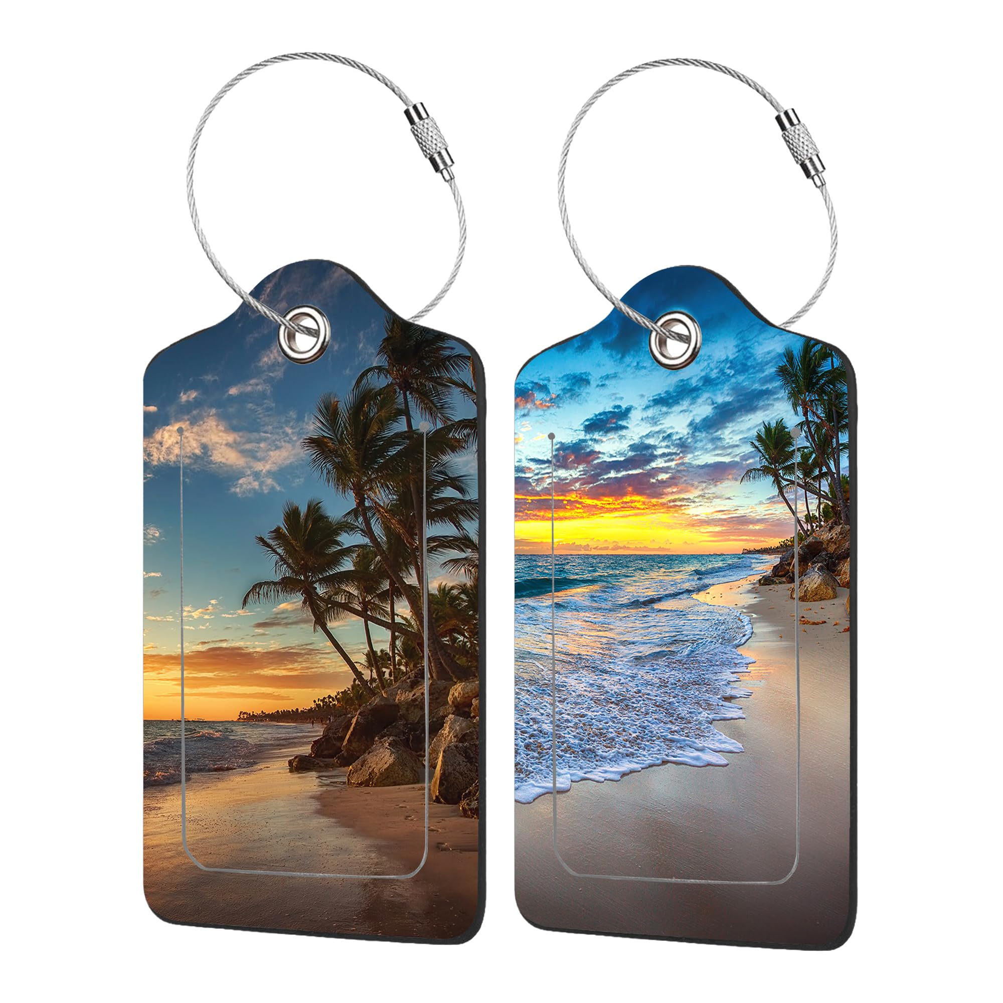 2 Pack PU Leather Beach Luggage Tags with Palm Tree Design - Sunrise Over The Ocean Travel Suitcase ID Tags for Women & Men | Perfect for Vacation, Cruise, and Airplane Travel Accessories