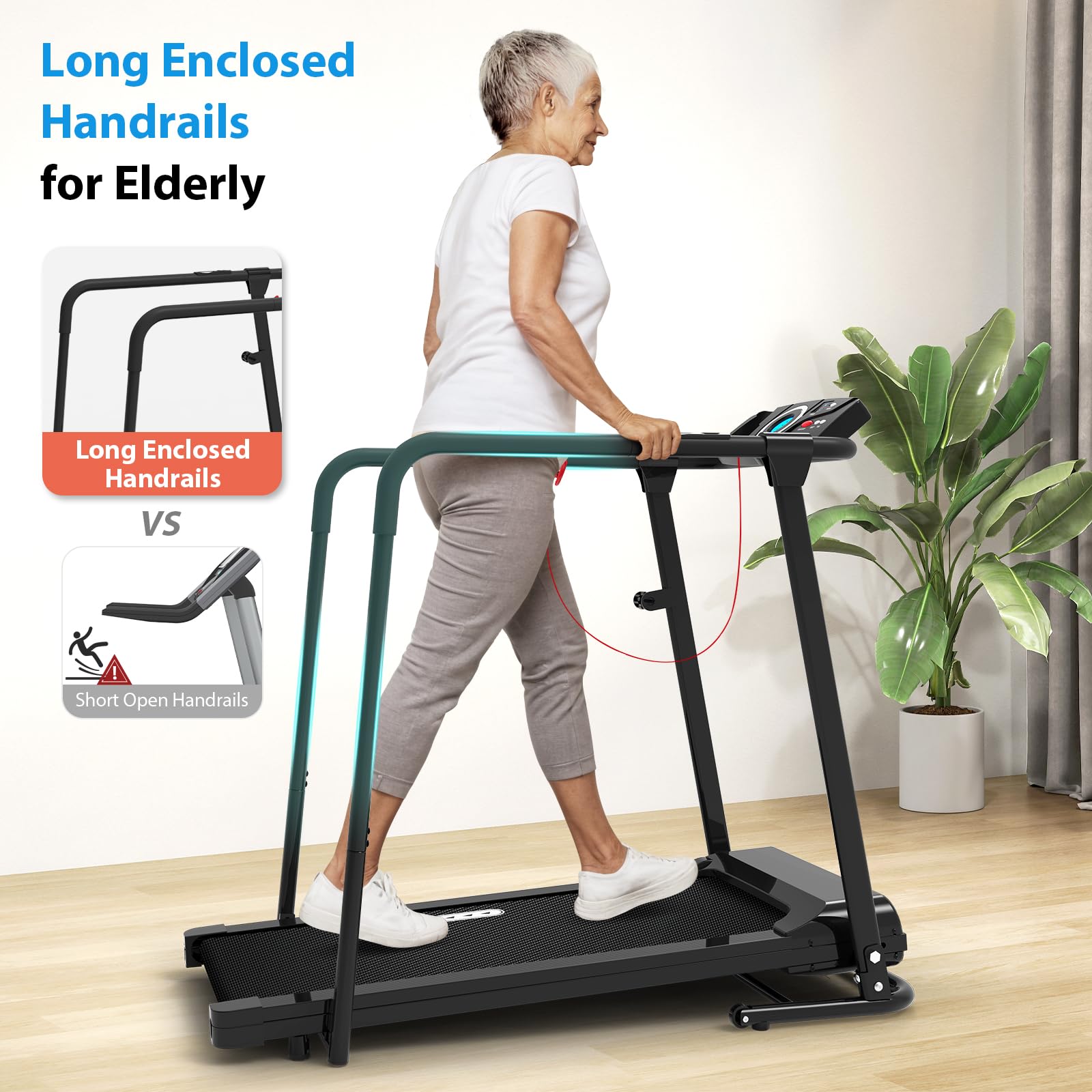 Foldable Walking Treadmill for Seniors - 300 lbs Weight Capacity with Long Safety Handrails & Heart Rate Monitor - Home Fitness Equipment for Elderly Recovery & Low-Impact Exercise - Perfect for Physical Therapy, Rehab & Gentle Cardio Workouts at Home