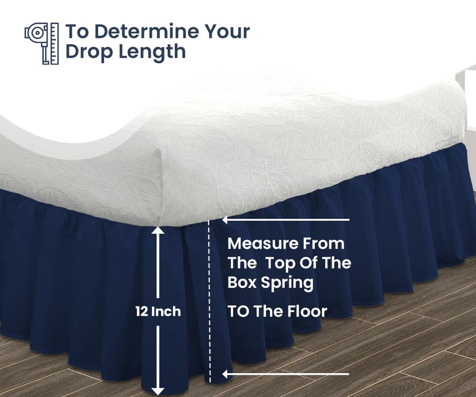 12 Inch Ruffled Bed Skirt - Navy Blue King Size Microfiber Bedskirt | Fade-Resistant, Wrinkle-Free & Anti-Static | Decorative Dust Ruffle with Extra Storage Space | Perfect for Master Bedroom, Guest Room & Hotel Decor