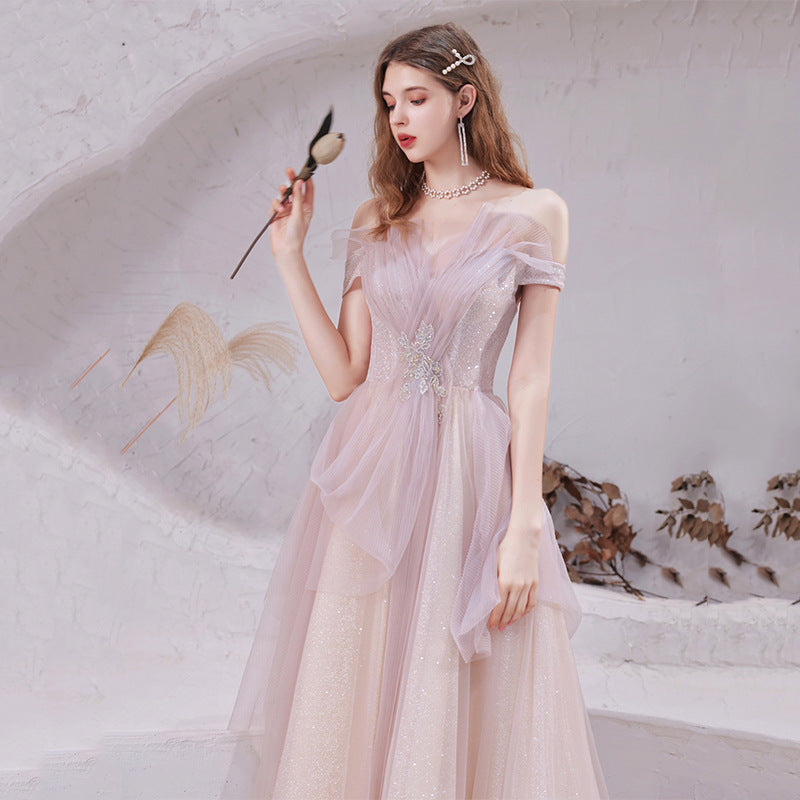 Elegant Off Shoulder Beaded Shiny Pink Prom Dress - A-Line Formal Evening Gown for Homecoming, Quinceañera & Special Occasions | Style 701