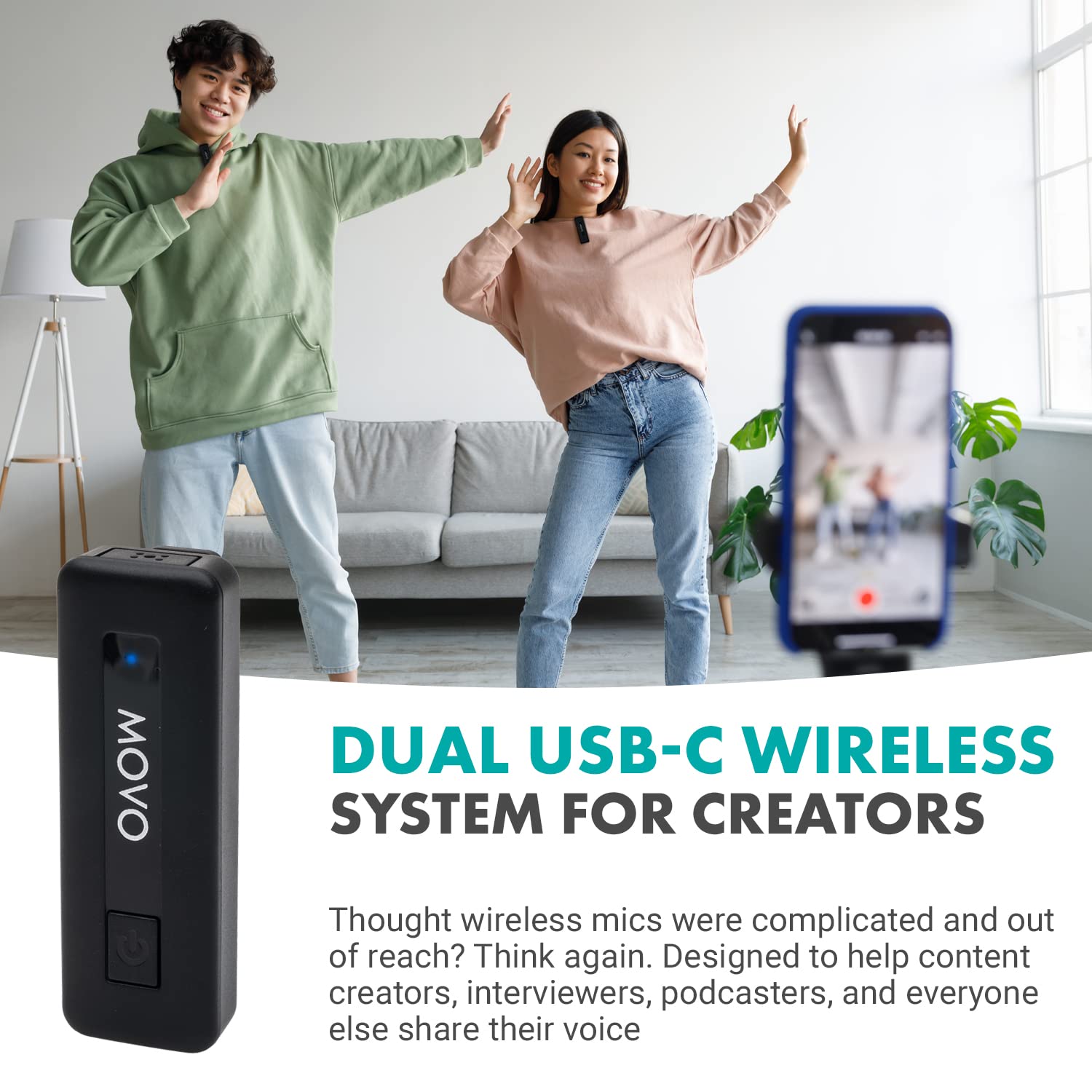 Movo Wireless Mini UC Duo Lavalier Microphone for Android - Ultra Compact Clip-On USB-C Mic with 10HR Battery & 164ft Range - Perfect for Vlogging, Interviews, Live Streaming & Content Creation