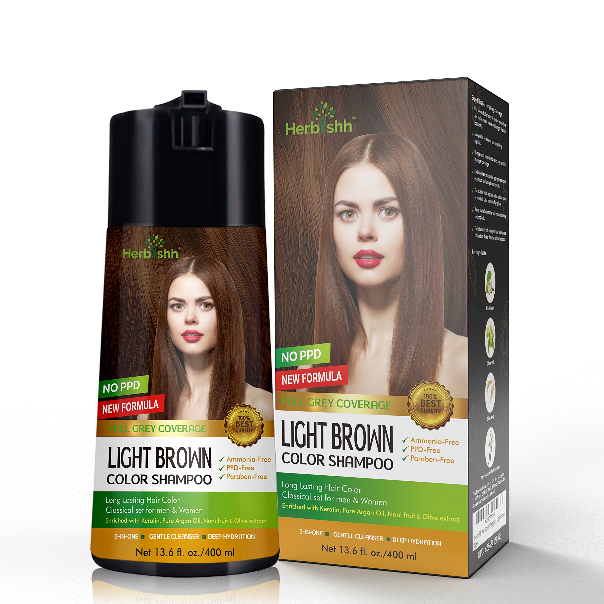 Light Brown Hair Color Shampoo for Gray Hair 400ml + Ginger Hair Revitalizing Shampoo with Deep Sea Salt - Vegan Treatment for Weak & Brittle Hair | At-Home Hair Coloring & Scalp Care Solution