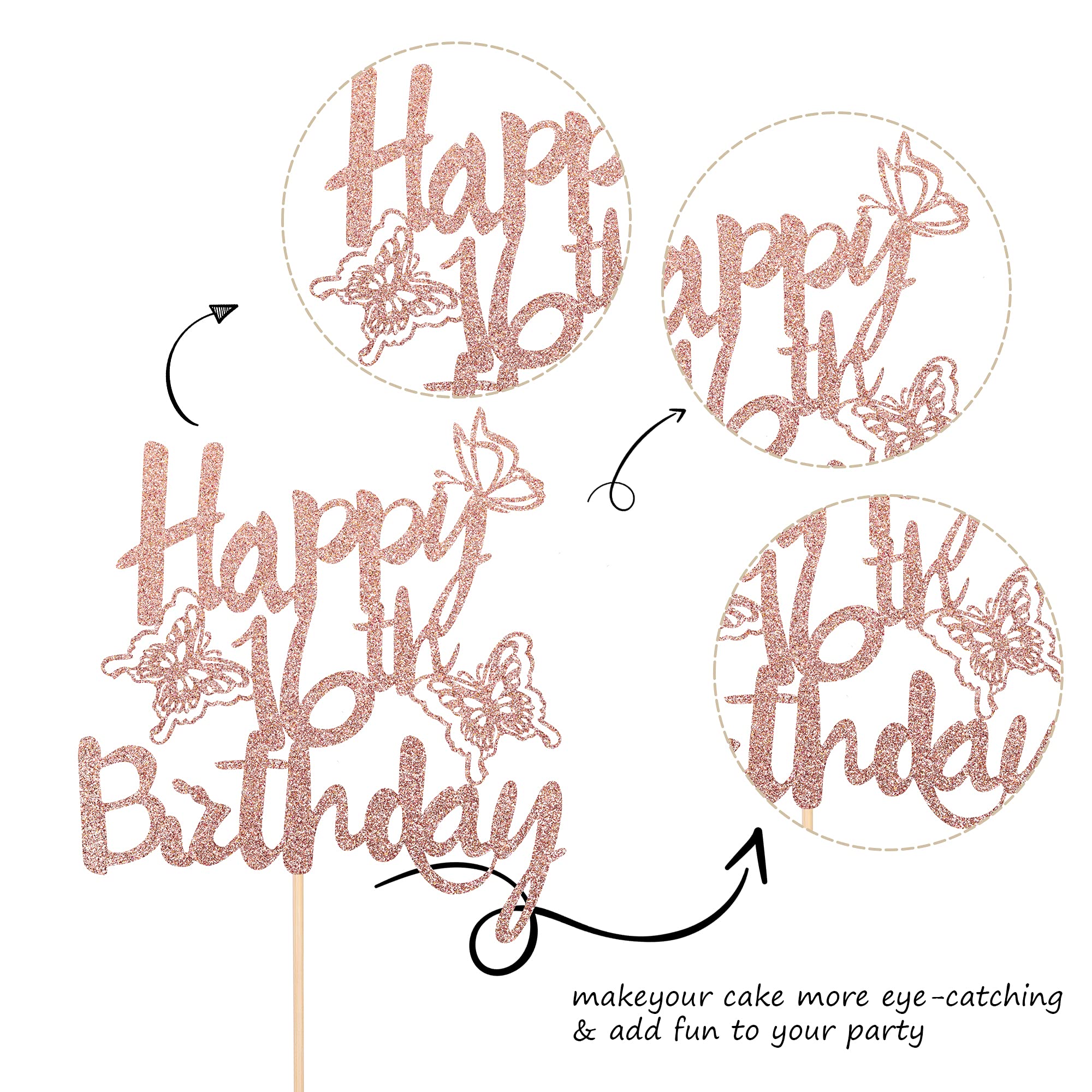 1 PCS Happy 16th Birthday Cake Topper with Glitter Butterfly - Cheers to 16 Years Old Cake Decorations for Sweet Sixteen Party Supplies (Rose Gold) | Perfect for Birthday Cakes, Cupcakes & Anniversary Celebrations