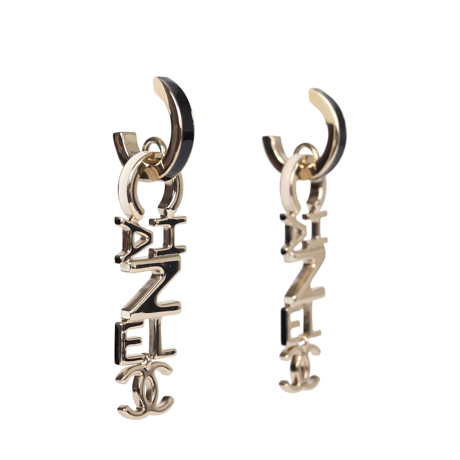 Chanel Letter Drop Earrings - Black & White Enamel with Light Gold Hardware | Elegant Fashion Jewelry for Women, Perfect for Parties, Weddings & Special Occasions