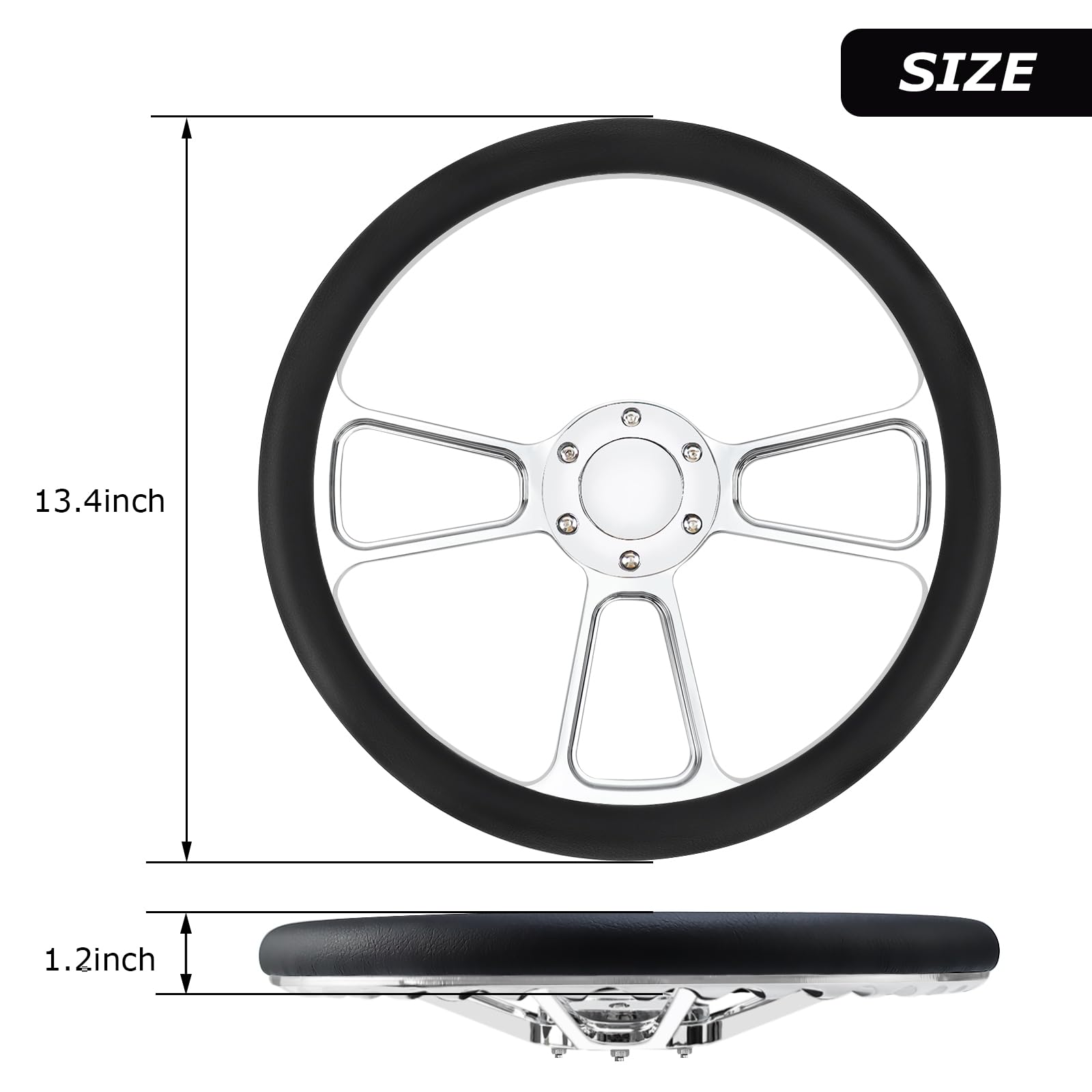 14 Inch Universal 6-Hole Silver Aluminum 3-Spoke Muscle Style Racing Steering Wheel with Horn Button & Leather Grip - Perfect for Car Enthusiasts, Racing Simulators & Custom Vehicle Upgrades