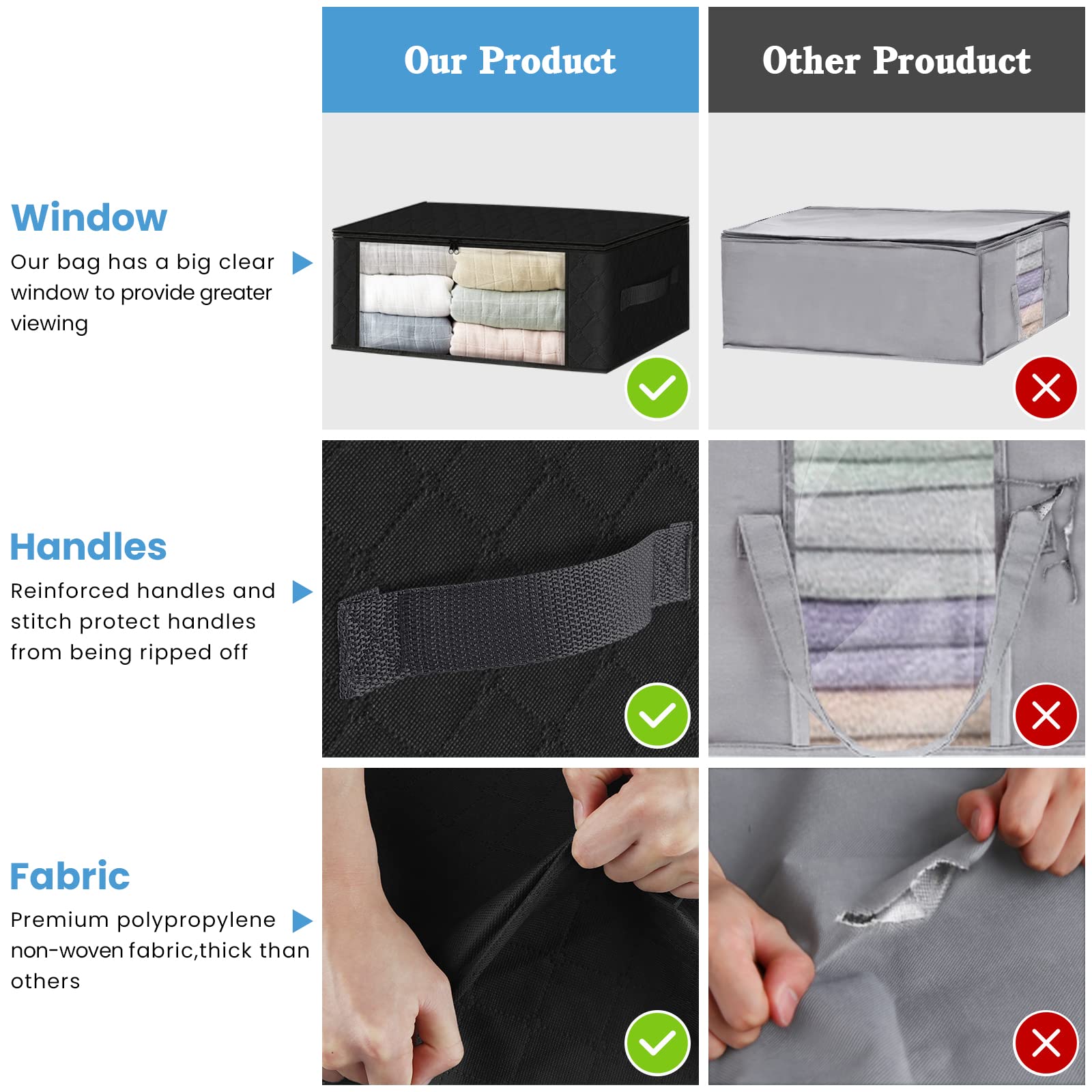 HomeHacks 3-Pack Foldable Storage Bags with Clear Window & Sturdy Handles - 35L Clothes Organizer Box for Closet, Dorm, Travel | Perfect for Pillows, Bedding, Blankets, Stuffed Toys & Seasonal Clothing Storage (Black)