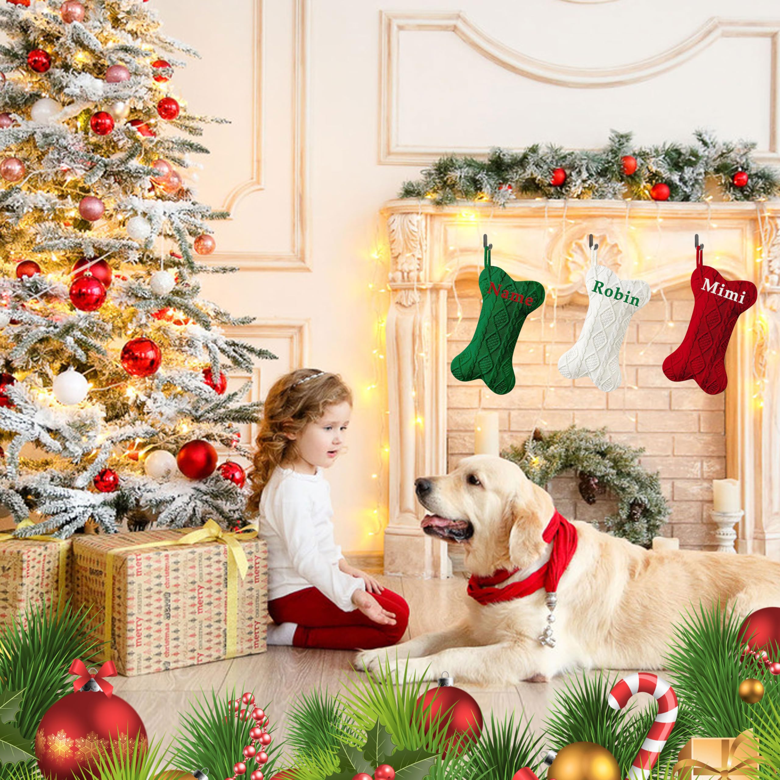 Personalized Pet Christmas Stocking - Large Custom Embroidered Name Stocking for Dogs & Cats, Bone-Shaped Holiday Stocking for Fireplace Decor - Perfect for Family Christmas Celebrations & Pet Lovers Gift (1 Piece)