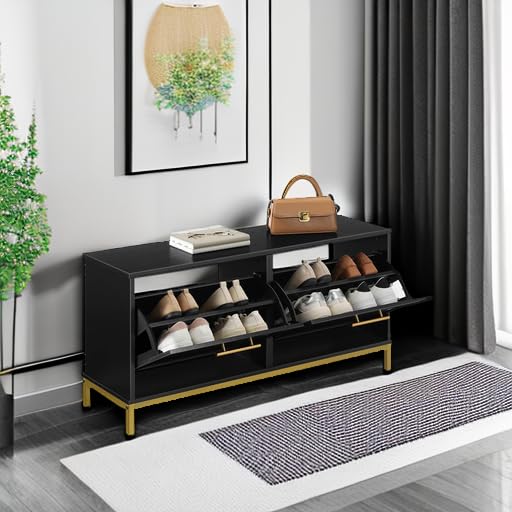 HOOBRO Entryway Shoe Bench with 2 Flip-Up Storage Drawers, Hidden Shoe Cabinet Organizer for Hallway, Foyer & Mudroom - Black & Gold Modern Design (DB48HX01) | Perfect for Small Spaces, Apartment Entryways & Shoe Storage Organization