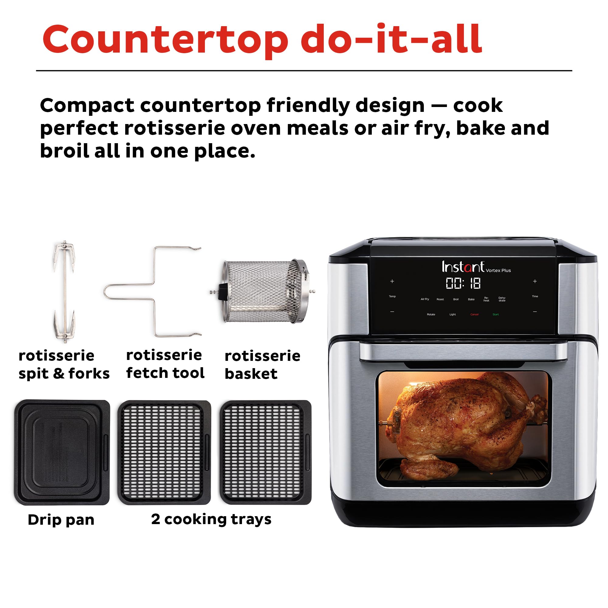 Instant Pot Vortex Plus 10QT Air Fryer Toaster Oven - 7-in-1 Multi-Function Appliance with EvenCrisp Technology for Crisping, Broiling, Baking, Roasting, Dehydrating, Reheating & Rotisserie | Includes 100+ In-App Recipes | Stainless Steel Design | Perfect for Healthy Cooking, Meal Prep & Family Dinners