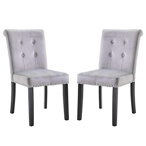 Aveland Happy Velvet Fabric Cushion Stool with Rubber Wood Legs - 26 Density Raw Cotton, Spring Support for Manicure & Dressing - Set of 2 in Silver Gray - Perfect for Home Salon, Bedroom Vanity & Makeup Station